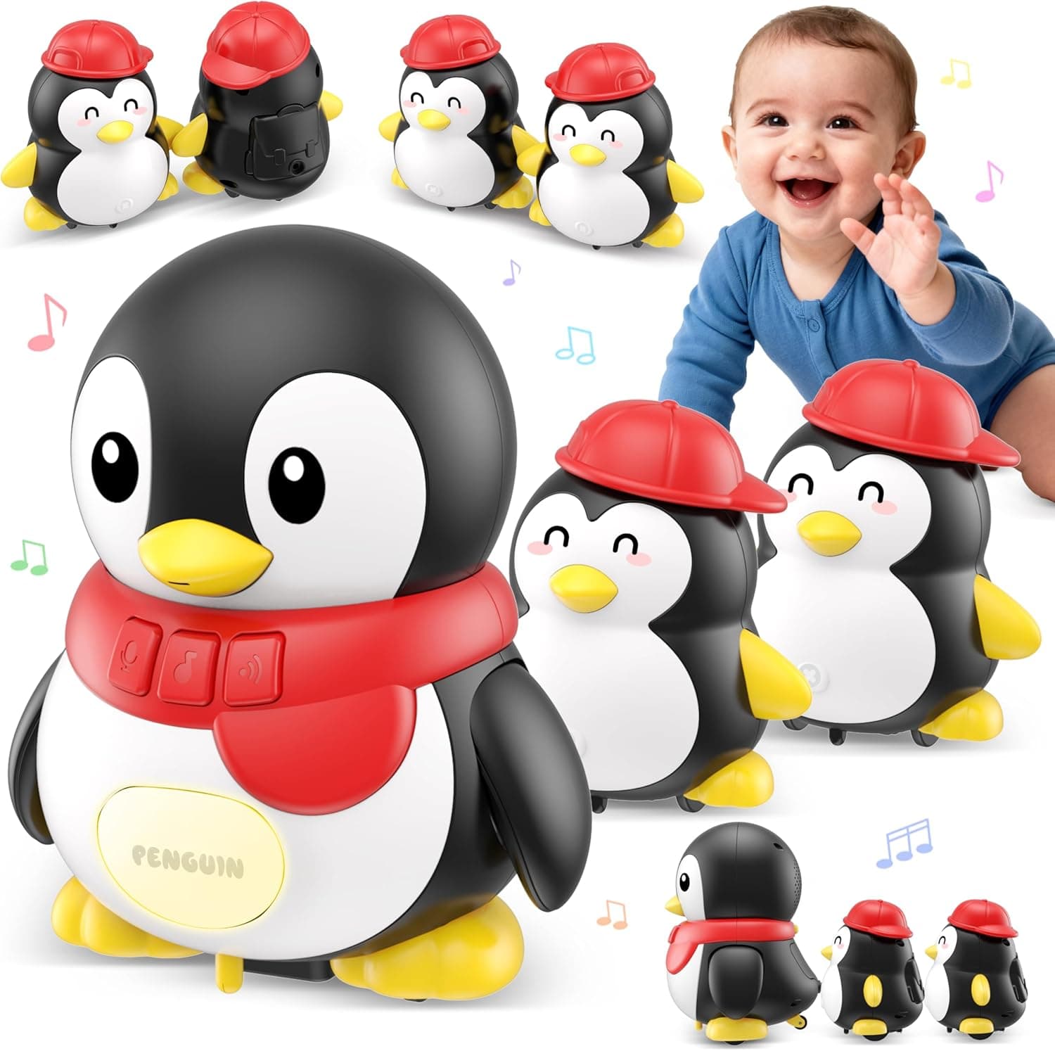 Baby Toys 6-12 Months Musical Dancing Talking Penguin Tummy Time Toys Set Mama and Babys, Light Up Crawling Repeating Words Interaction Newborn Infant Toddler Toys Birthday Easter Gifts for Kids