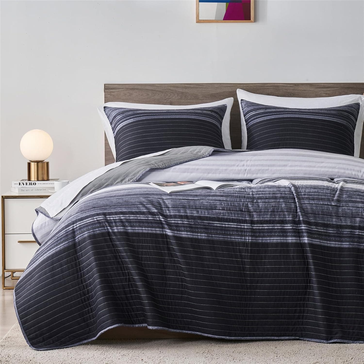 KAKIJUMN Full/Queen Quilt Bedding Set, Black White Grey Patchwork Striped Quilt Set, 3 Pieces Soft Lightweight Bedspread Coverlet Set with 2 Pillow Shams(Grey,Queen)