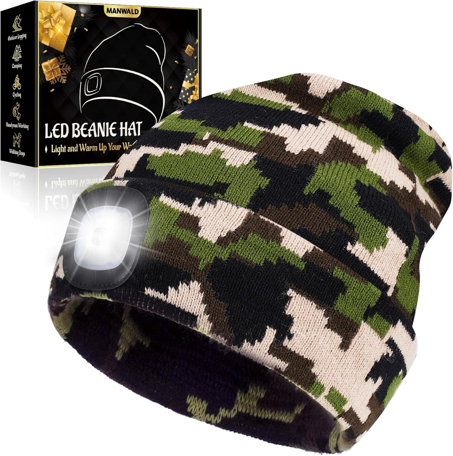 LED Beanie Hat with Light, USB Rechargeable LED Headlamp, Fathers Day Dad Gifts for Men, Him, Mens Gifts, Birthday Gifts for Husband, Boyfriends, Black, Camouflage
