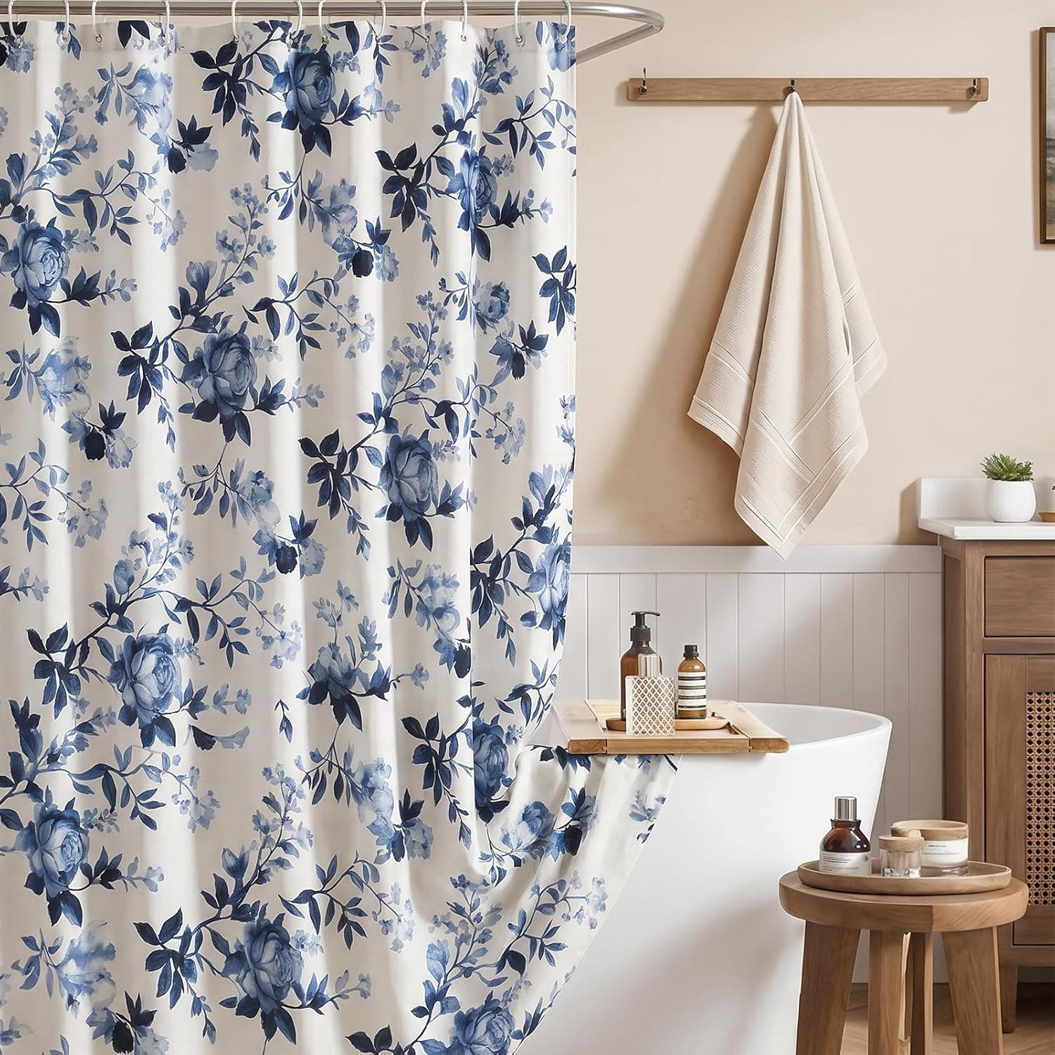 Farmhouse Blue Floral Shower Curtain, Fabric Faux Linen Shower Curtain Set with 12 Rings, Vintage Cottagecore Boho Shower Curtains for Bathroom 72" W x 72" L