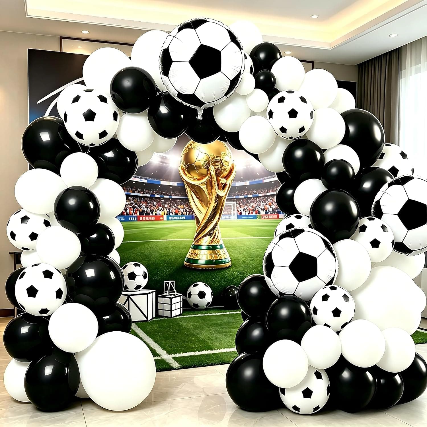 Soccer Balloon Garland Arch Kit, 18 12 10 5 Inch Black White Football Print Balloons with Soccer Foil Balloons for Soccer Sports Theme Birthday Party Decorations