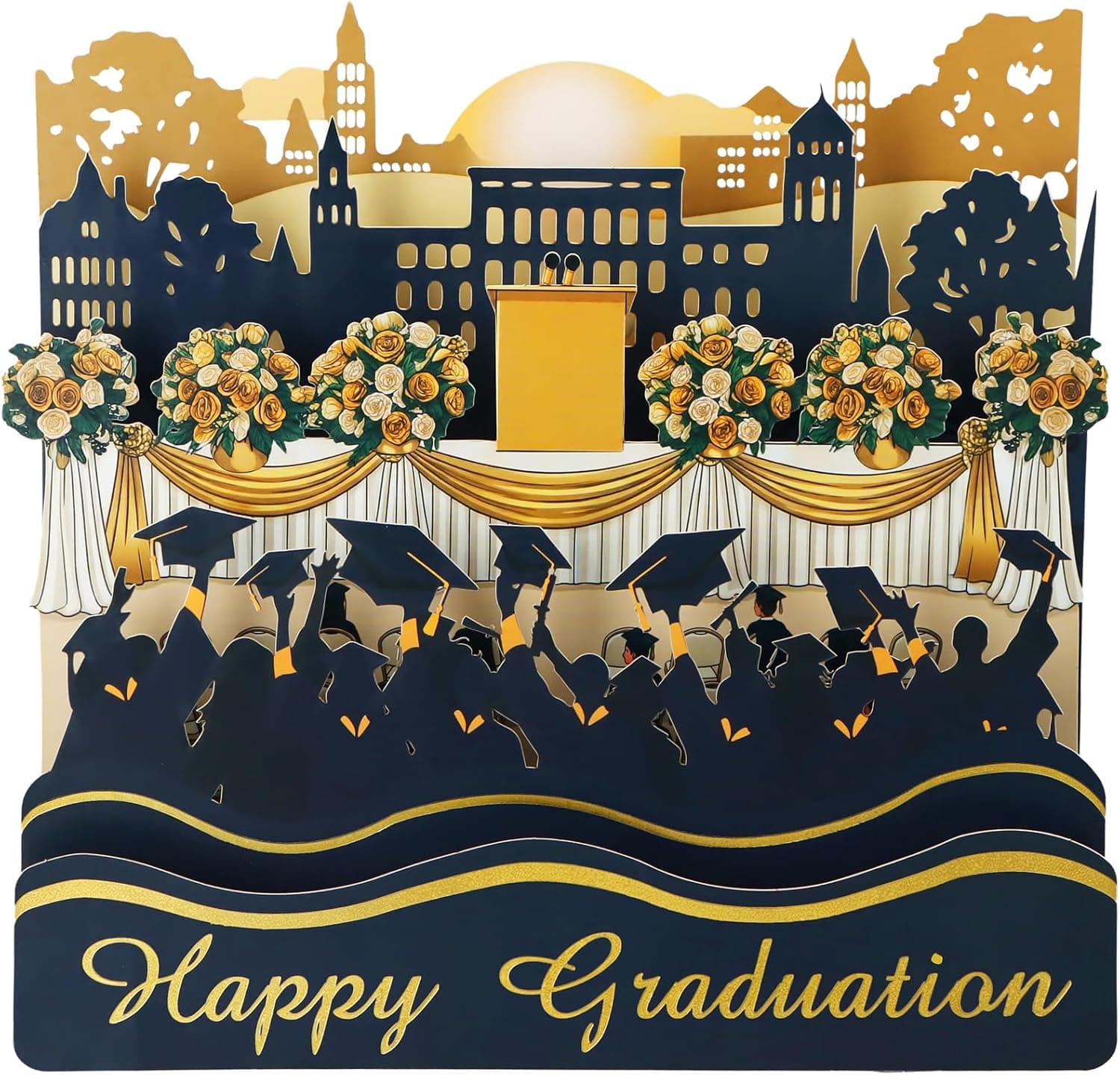 FaCraft 3D Pop Up Graduation Card 2026 - Handmade Gold Foil 5-Layer Large 8.5"x8" Panoramic Happy Graduation Cards - Congrats Grad Card with Envelope, Blank Insert, Seal for College (Campus to Future)