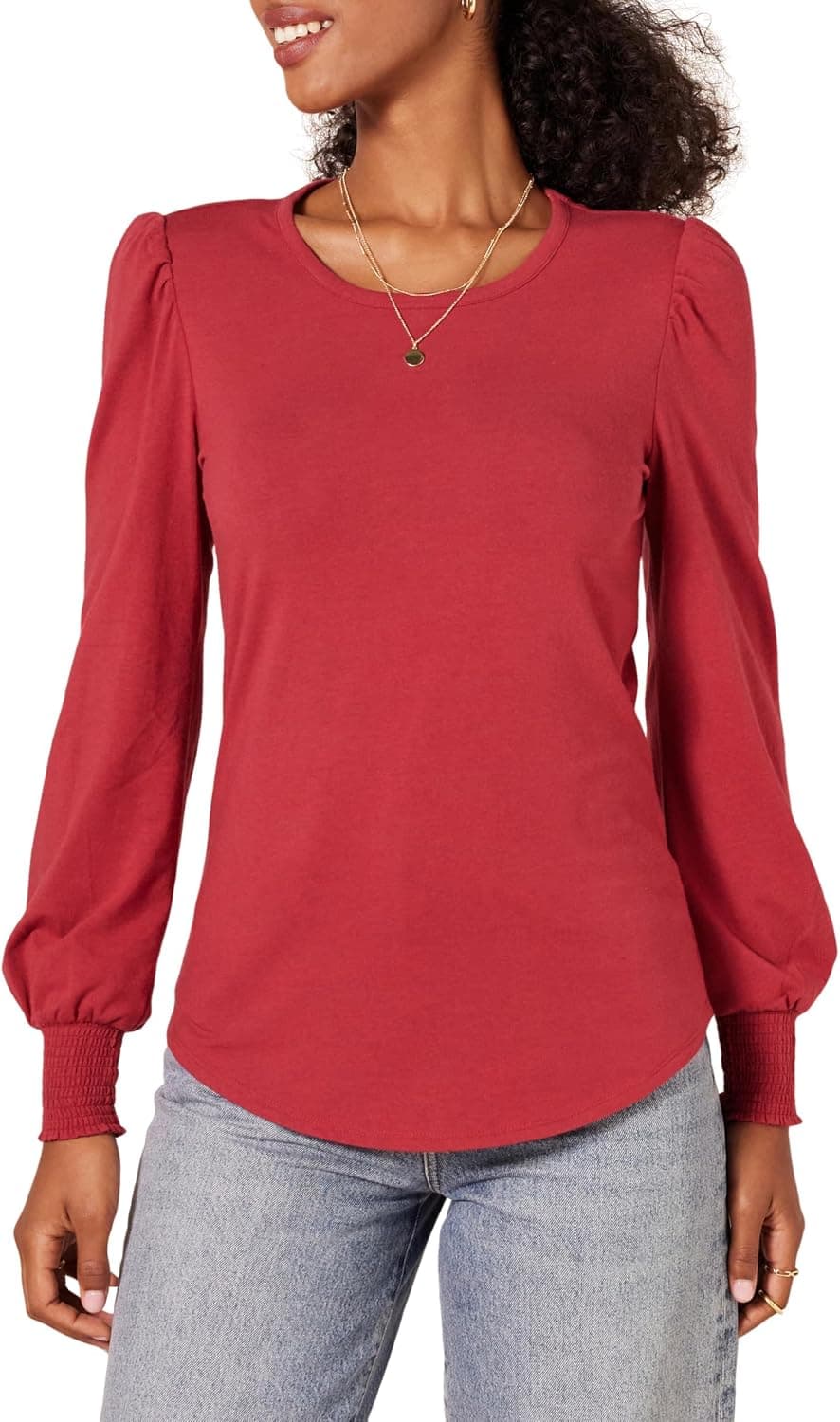Amazon Essentials Women's Long-Sleeve Crewneck Smocked Cuff T-Shirt