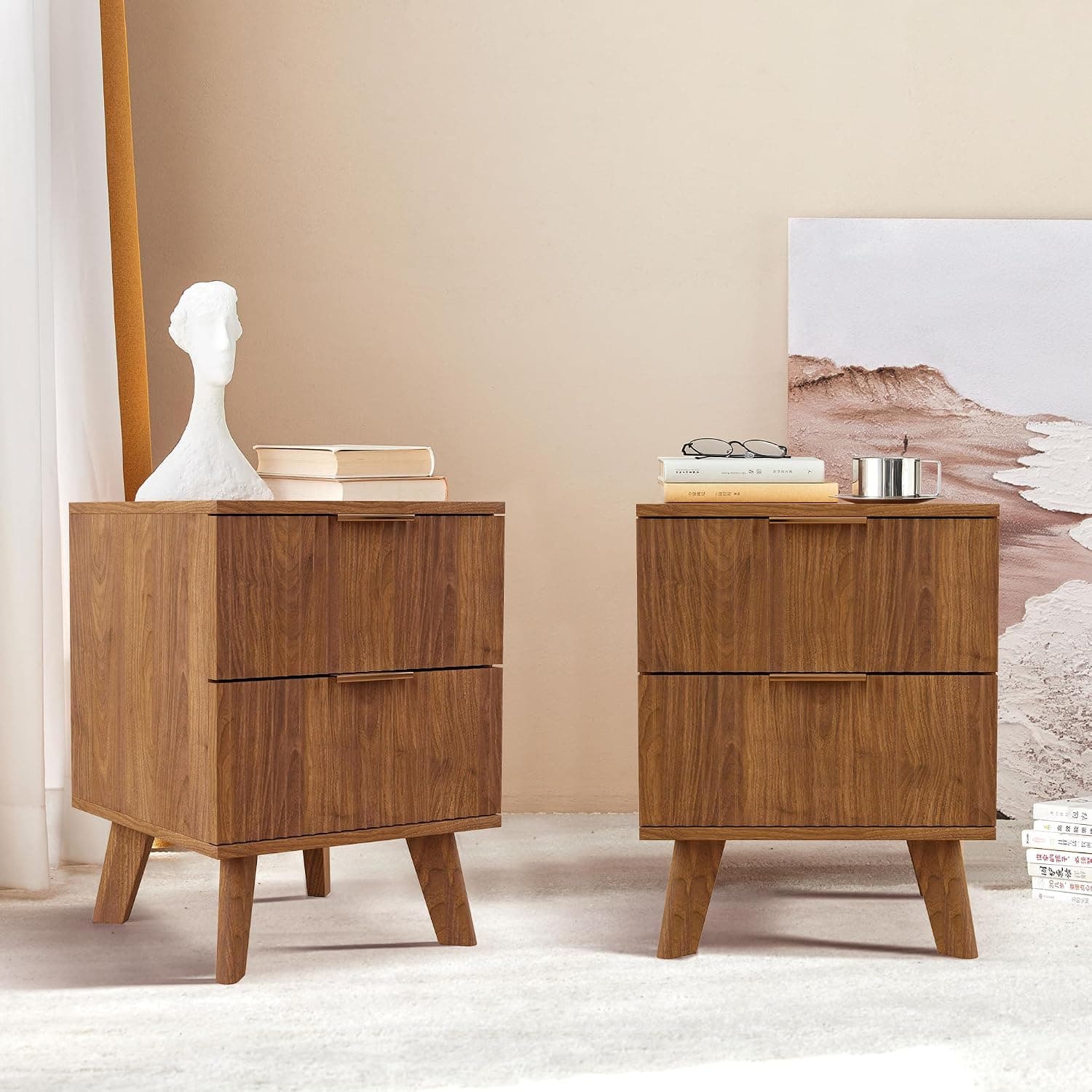 Modern Large Striped Bed Side Table Set of 2 with Drawers - Mid Century Modern Nightstand Set for Bedroom