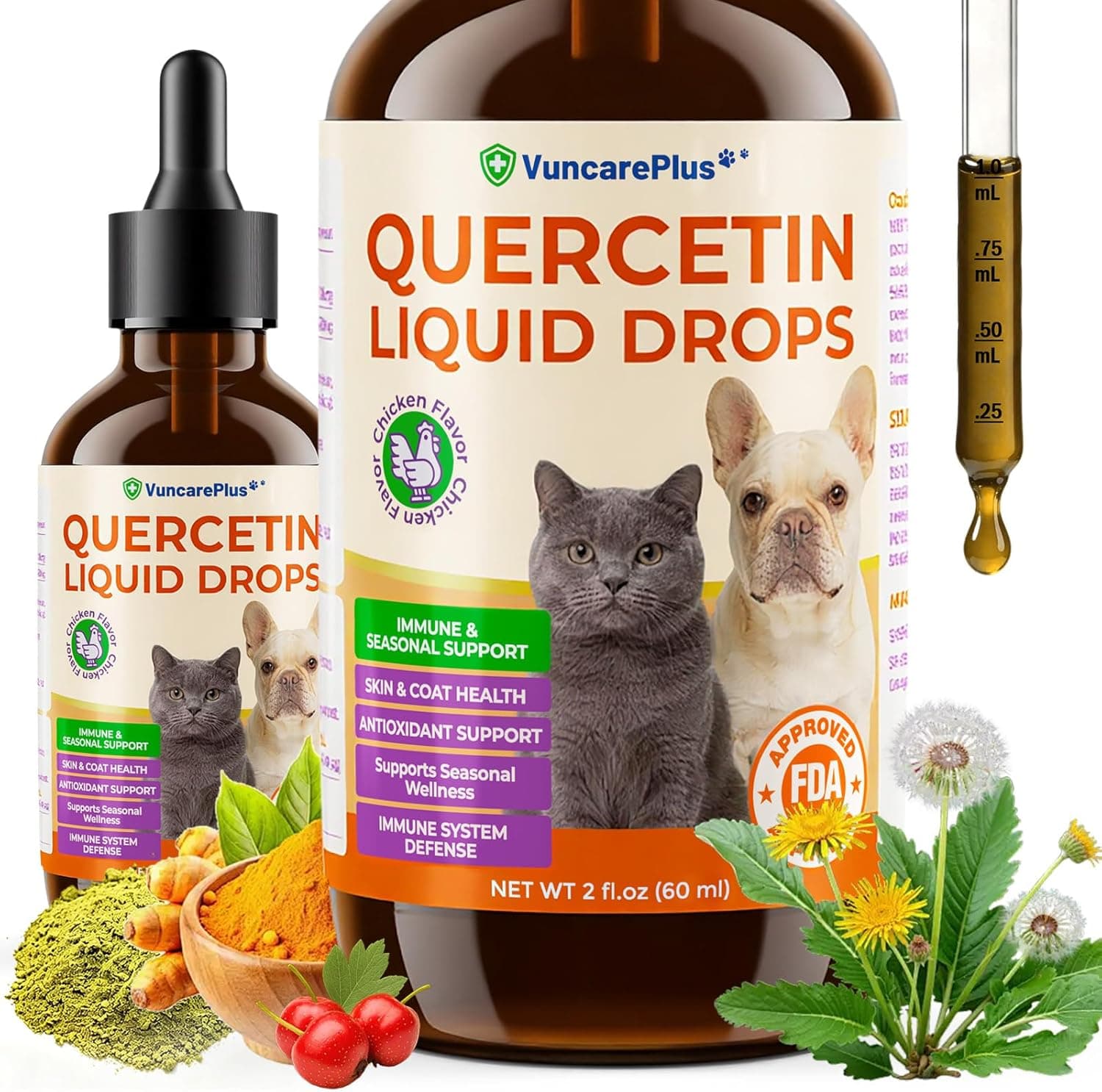 Quercetin Drops for Dogs & Cats, Dog Allergy Relief Liquid Supplement with Chicken Flavor, Supports Itchy Skin, Paw Licking, Hot Spots, Immune & Seasonal Wellness, 2 fl oz