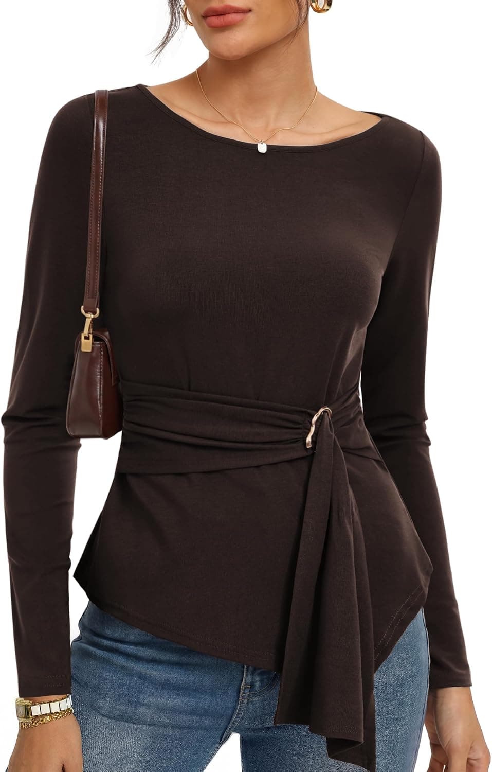 Kate Kasin Women Boat Neck Wrap Tops, Asymmetrical Blouses Dressy, Long Sleeve Peplum Tunic Shirt Business Casual