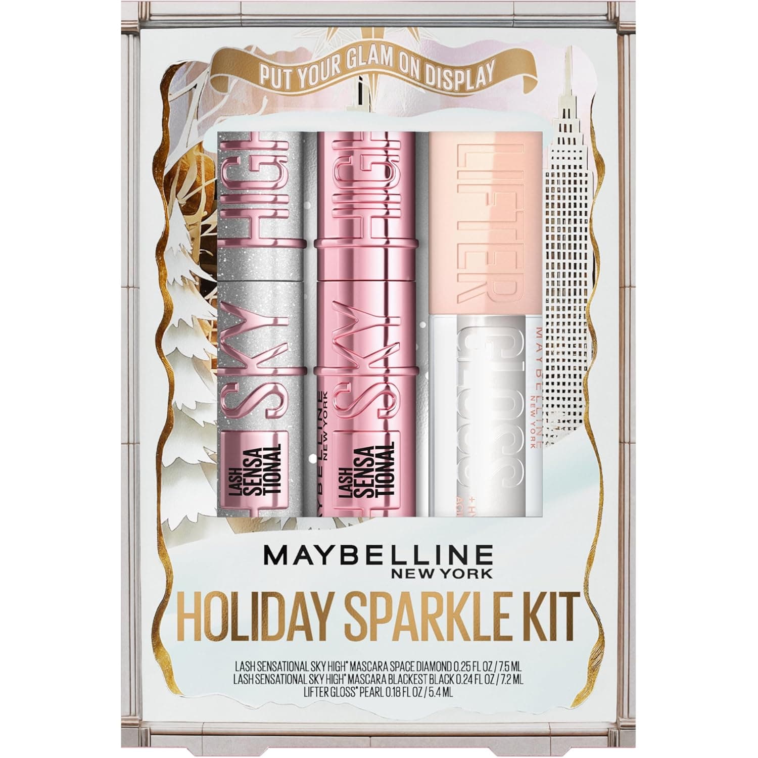Maybelline Lash Sensational Holiday Makeup Kit – Sky High Mascara + Space Diamond Glitter Mascara + Lifter Gloss