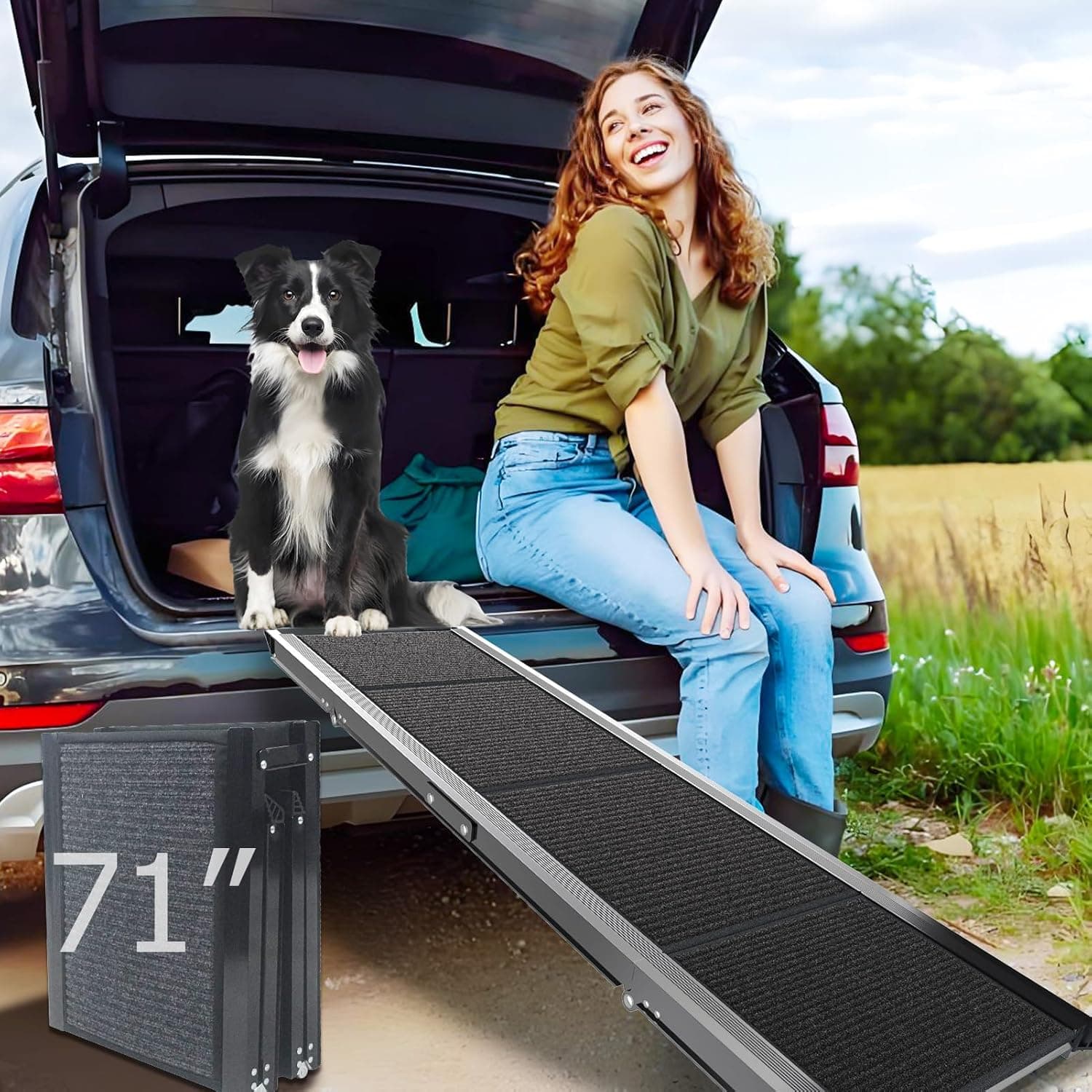 Dog Ramp for Cars SUV Truck-17.3"x71" Heavy Duty Foldable Wide Outdoor Pet Stairs with Non-Slip Surface Portable Folding Design for Large Dogs Up to 250lbs (71" L x 17.3" W) - image 1