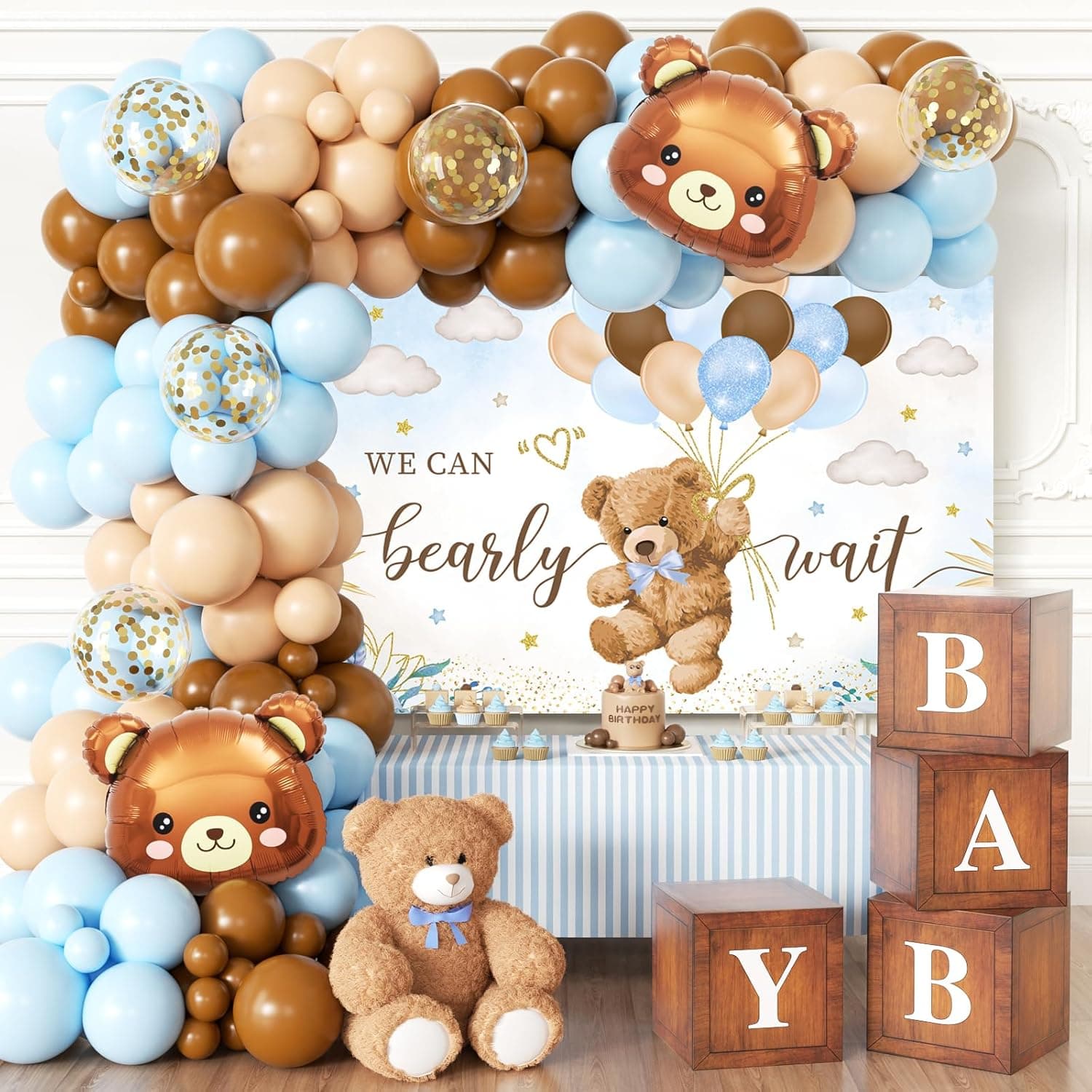 Blue Bear Baby Shower Decorations for Boy - 124pcs Bear Party Decorations with Blue and Brown Balloon Arch Kit, Backdrop, Wood Grain Baby Boxes - image 1