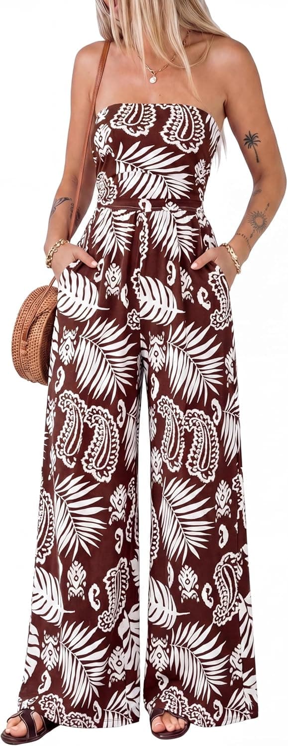 BTFBM Jumpsuits For Women Casual 2026 Floral Strapless Jumpsuit Wide Leg Rompers Beach Vacation Clothes Summer Outfits