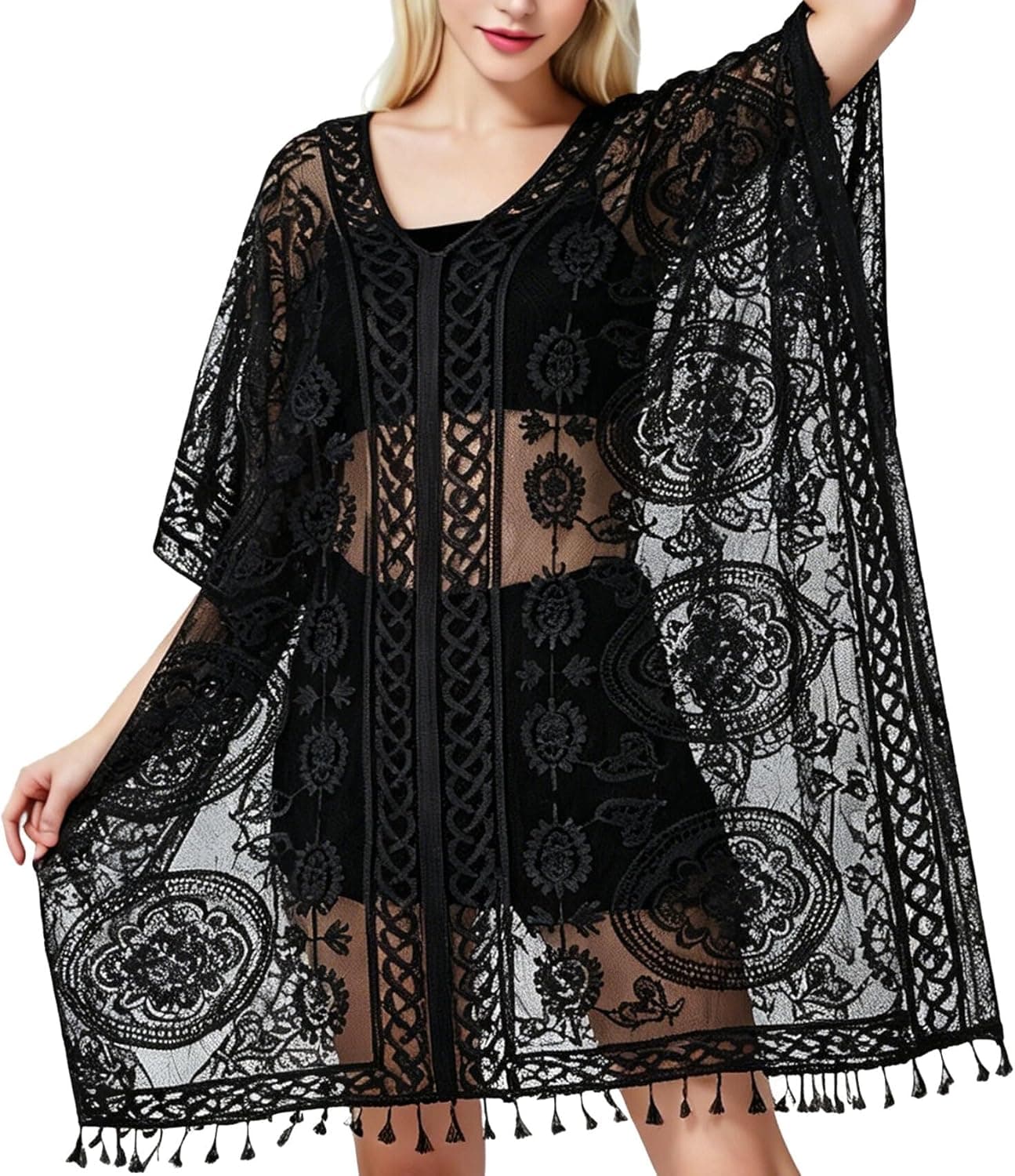 Swimsuit Cover Up for Women Lace Kaftan Beach Dress with Tassel Hem Loose Fit Summer Beachwear, One Size - image 1