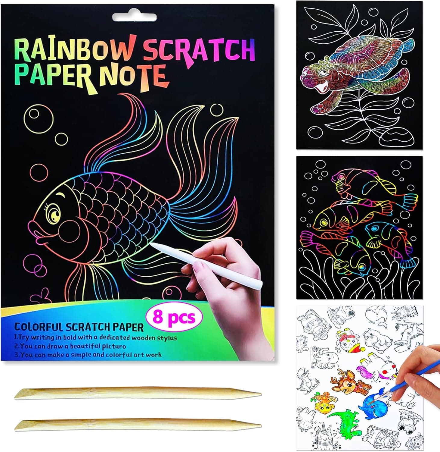 JUNQIU Scratch Art for Kids, Rainbow Scratch Paper Art Set - Ocean, Arts and Crafts for Girls Boys Ages 4-8, Kid Activity & Christmas Crafts, Stocking Stuffers for Kids