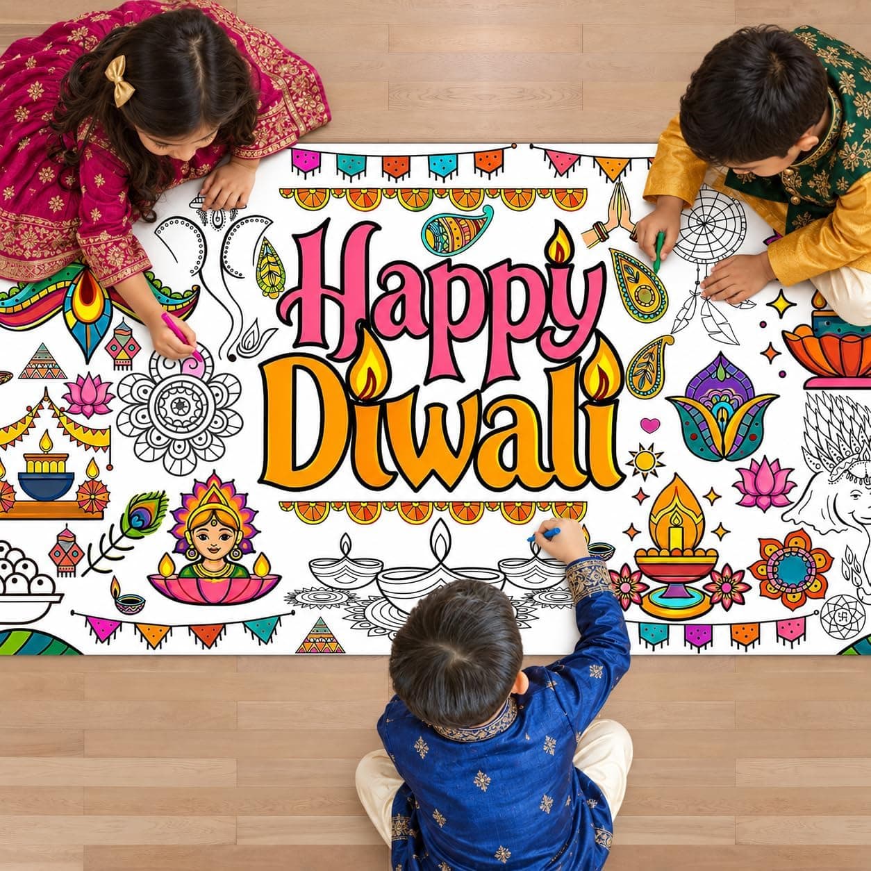 Giant Diwali Coloring Tablecloth - Extra Large Family Fun Decoration for Home