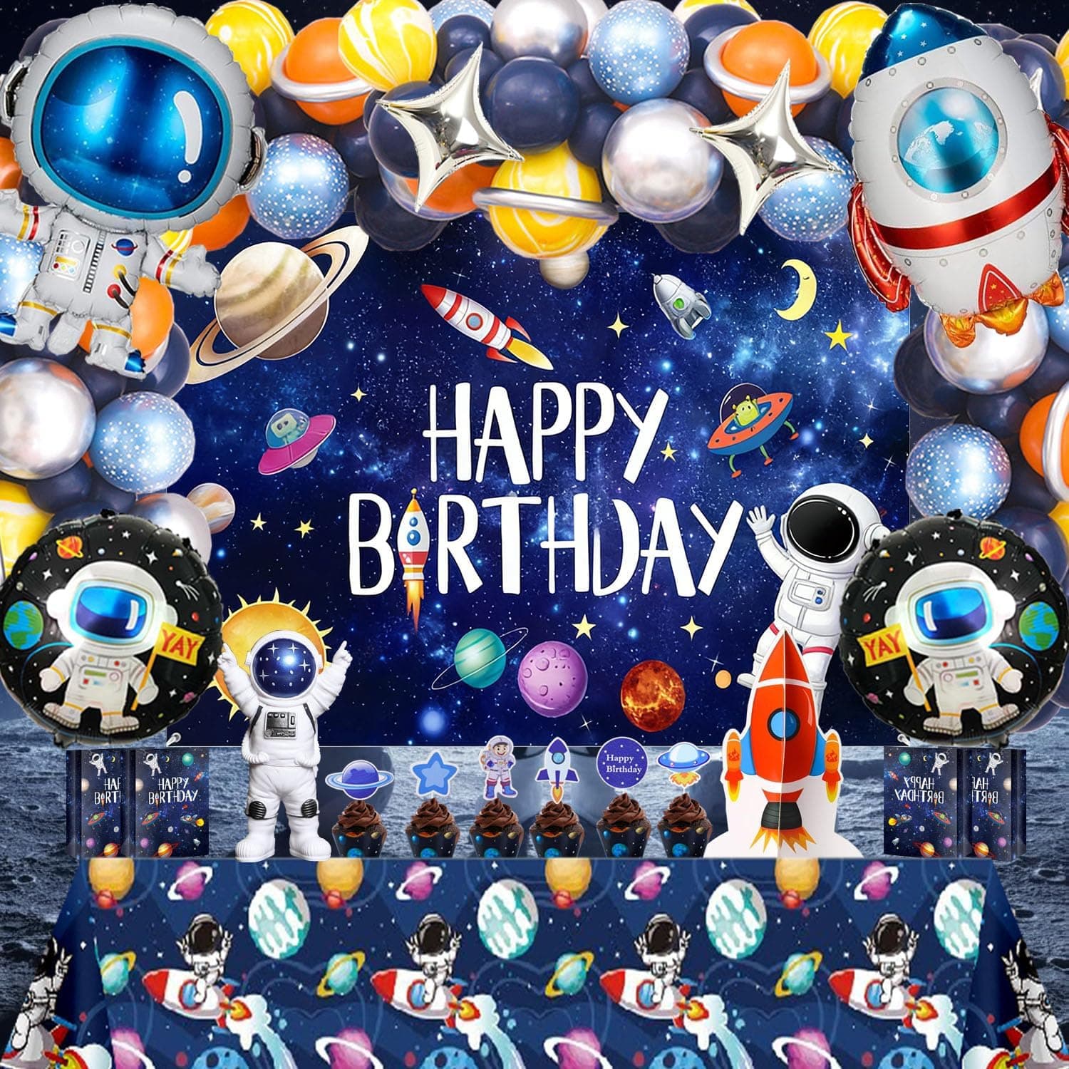Outer Space Birthday Party Decorations – Space Theme Set with Backdrop, Tablecloth, Rocket & Astronaut Foil Balloons, Star Balloons, Cake Topper, Latex balloon for Kids Boys Party - image 1