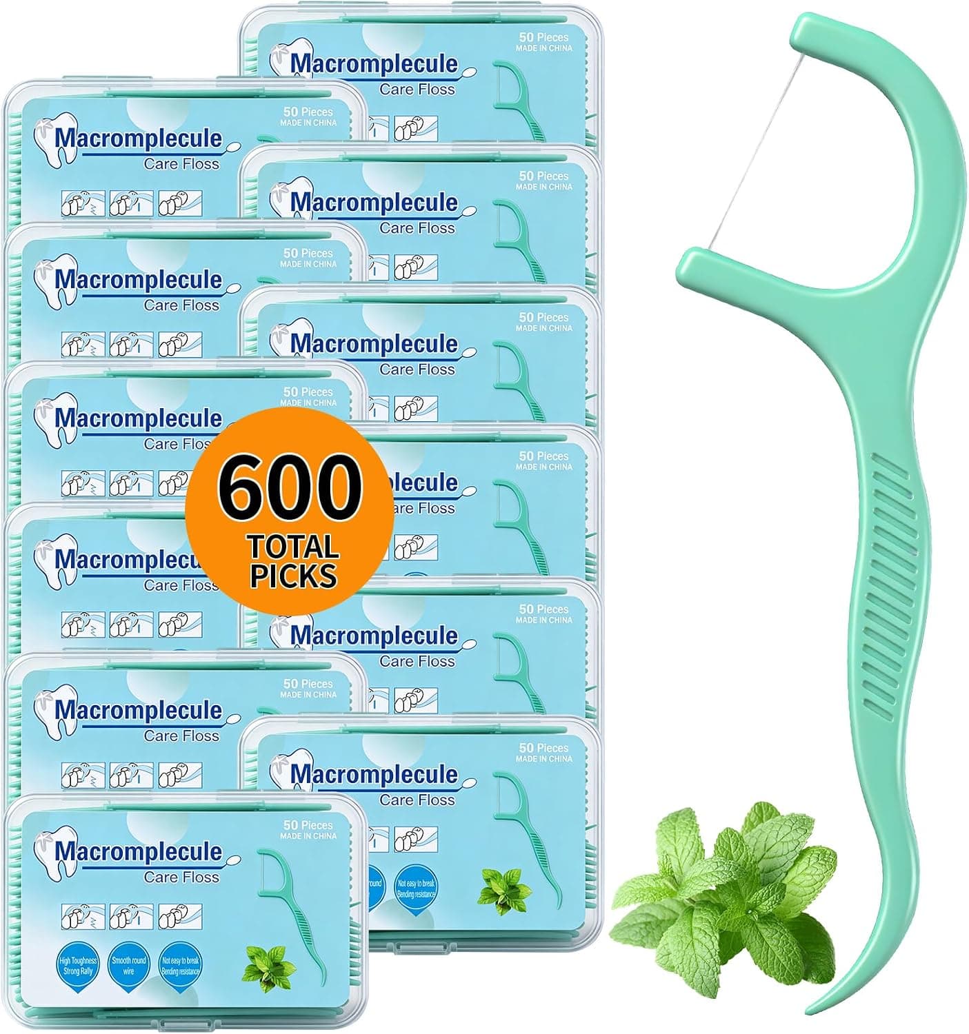 Mint Dental Floss Picks, 600 Count | Bulk Pack, Built-in Toothpick, Strong Floss & Rounded Pick, Mini Dispenser Boxes, For Travel, Home, Office & Car