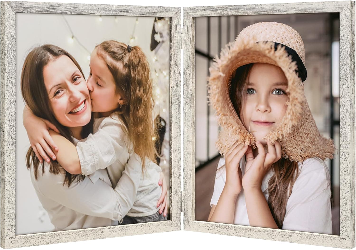 8x10 Double Picture Frames Hinged Folding Photo Frames Vertical Stand Frames (Distressed White)