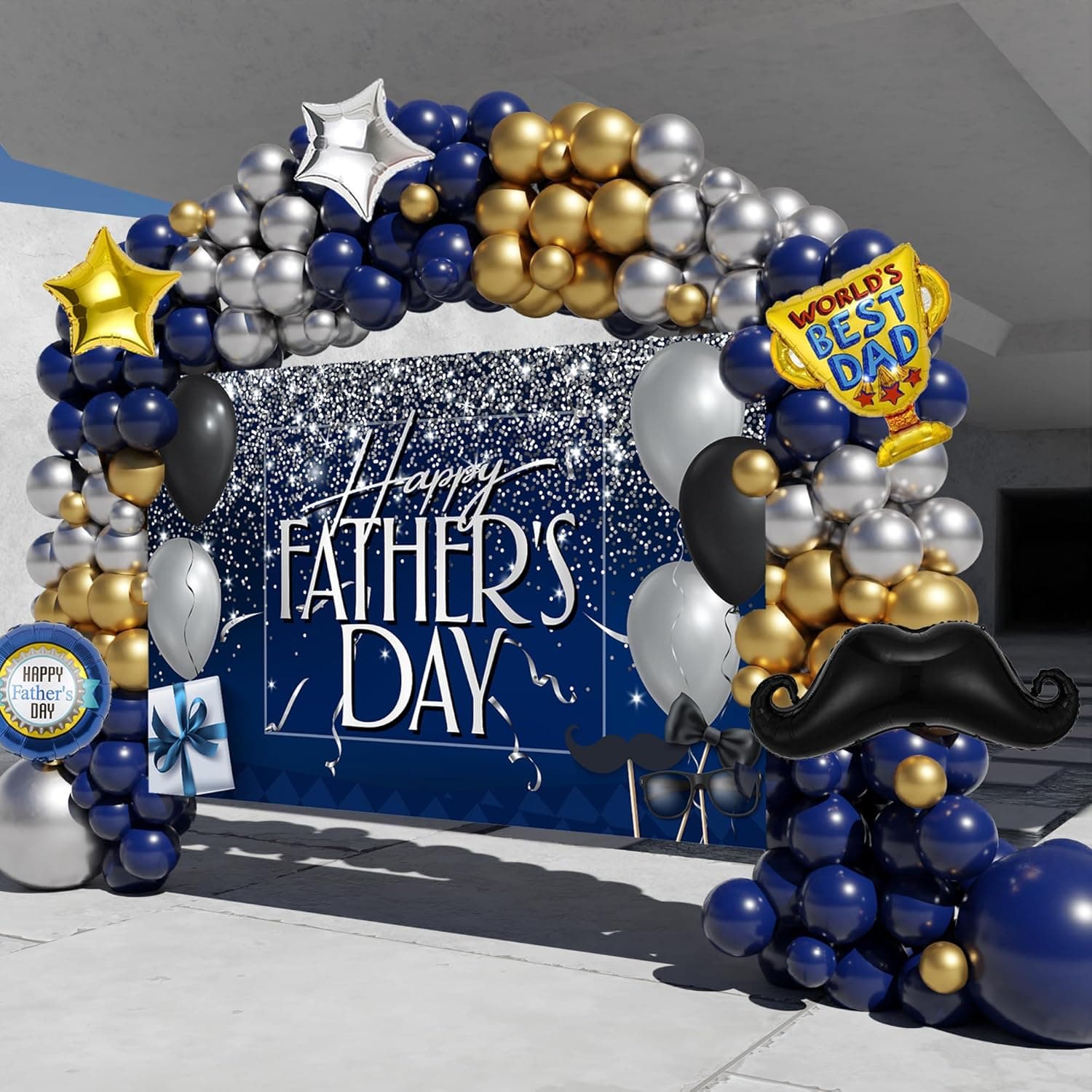 Fathers Day Decorations, 142PCS Fathers Day Decorations Fathers Day Balloon Garland Arch Kit with Large Happy Father’s Day Backdrop Banner, Navy Blue Silver Gold Balloon Garland