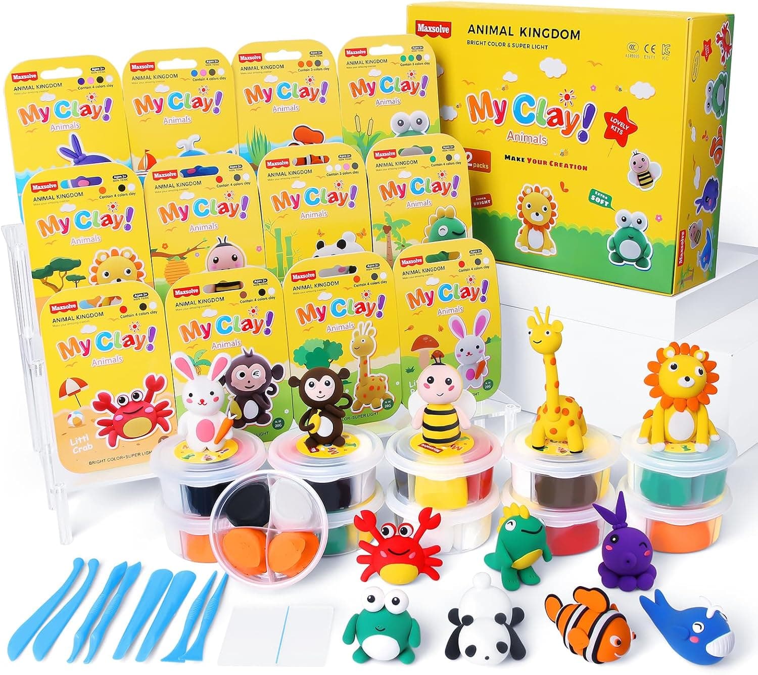 Air Dry Clay Kit for Kids: 12 Animals Modeling Magic Clay Set with Sculpting Tools and Tutorials Safe Non-Toxic & Light Soft DIY Art Craft Molding Clay School Class Home Party Gifts for Boys Girls
