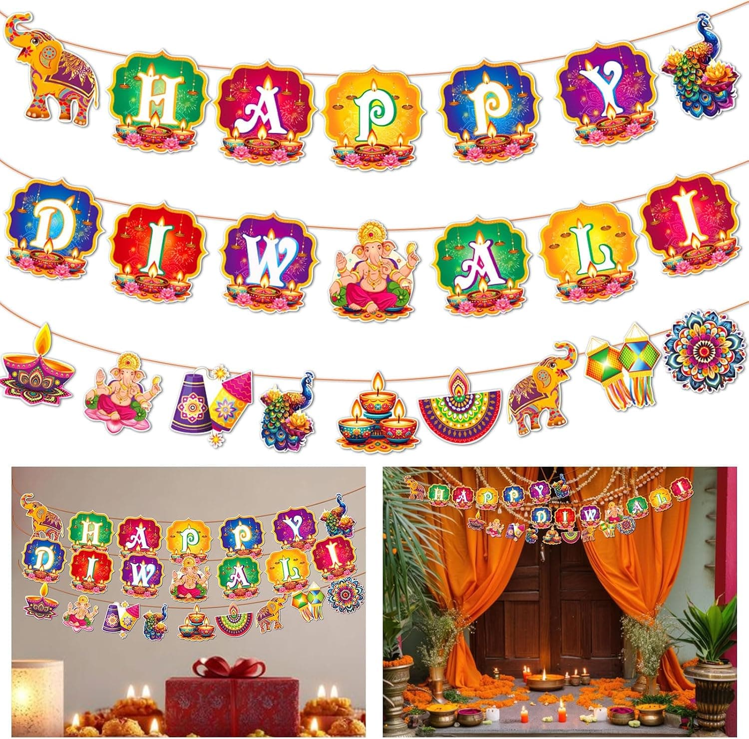 ALIBBON Happy Diwali Banner | Indian Festival of Lights Hanging Banner & Party Decorations for Home Decor