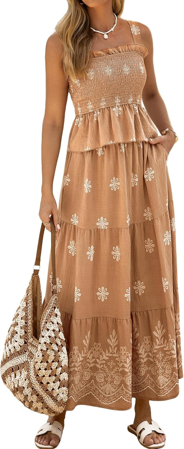 Glamaker Womens 2 Piece Skirt Sets Summer Boho Floral Smocked Ruffle Hem Tank tops Maxi Skirts With Pockets Vacation Outfits