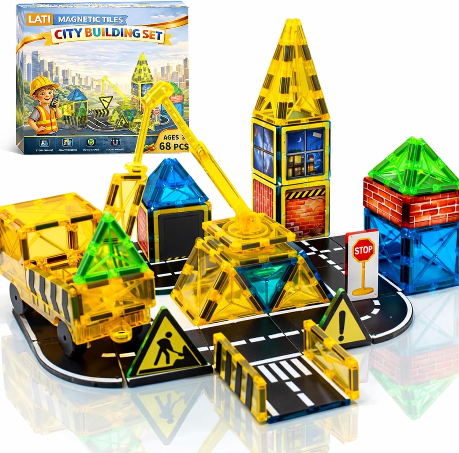 LATI Construction Magnetic Tiles City Set for Kids, Double-Sided Day & Night Building Blocks with Crane, Roads, Traffic Signs & Construction Vehicles, STEM Learning Toy for Boys & Girls Ages 3+ - image 1