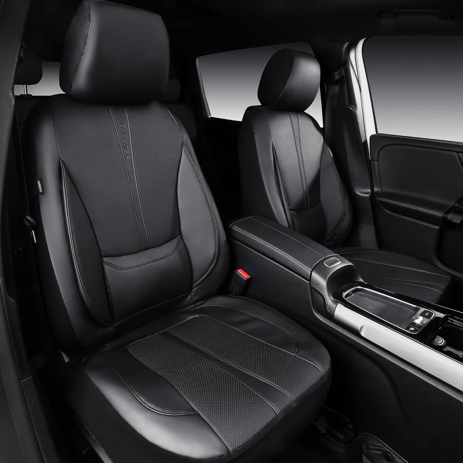 CAR PASS Nappa Leather Car Seat Covers, Water Resistant 3D Foam Faux Leather Seat Covers, Lumbar Support Automotive Seat Covers 2 Front Seats, Comfort & Universal Fit for Cars SUV Truck, Solid Black