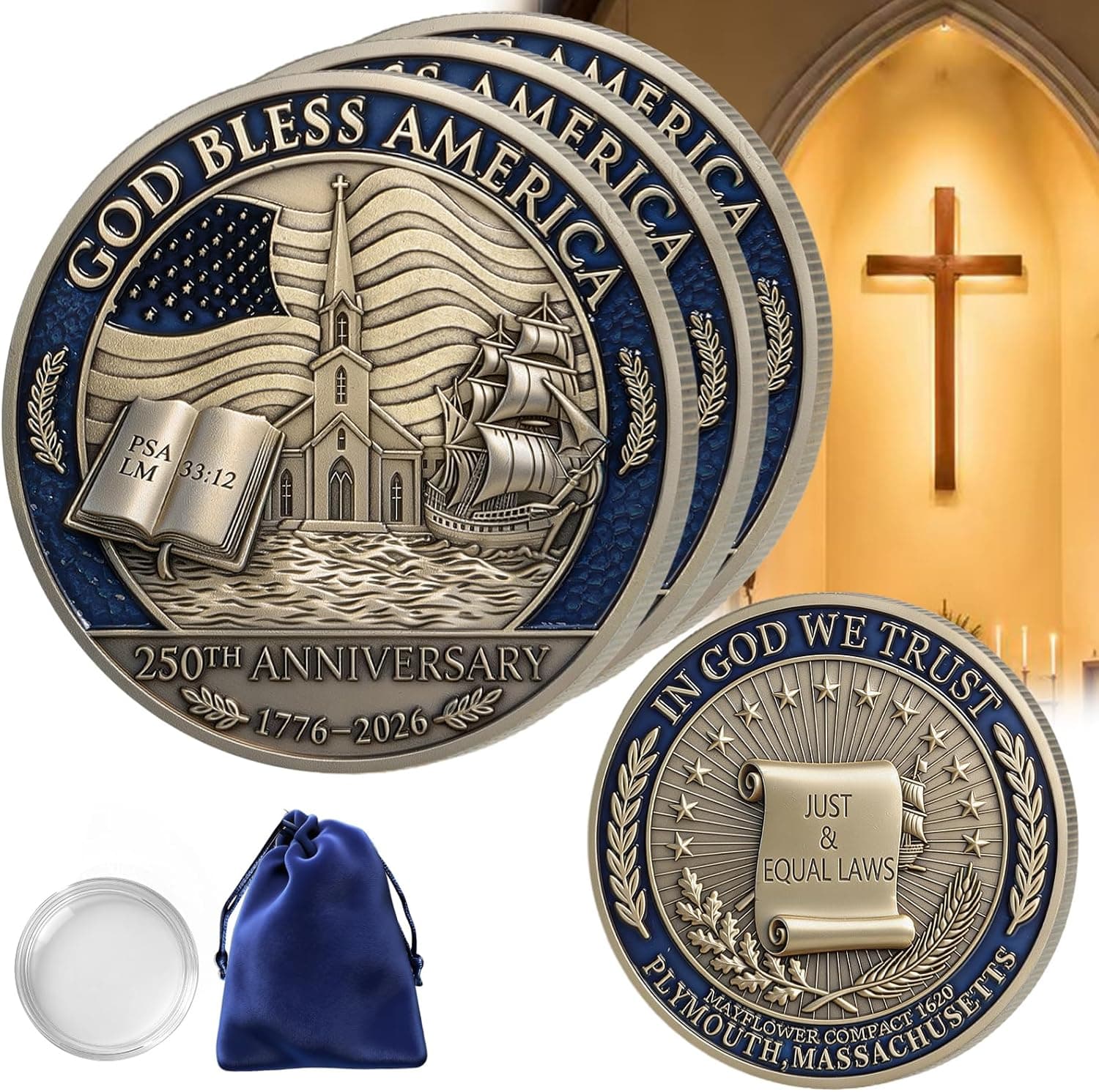 3PCS USA 250th Anniversary Commemorative Coin Religious Christian Faith-Based Gifts (1776-2026) God Bless America Patriotic Challenge Coin, Features Mayflower Compact & Declaration of Independence