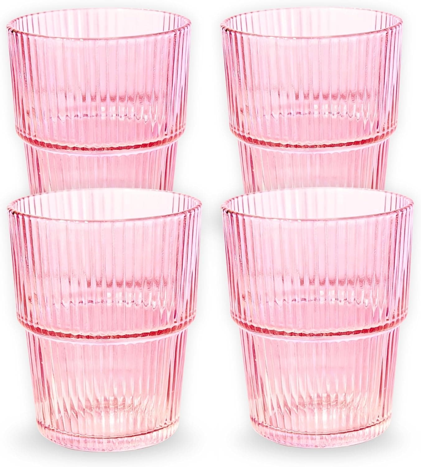 Ribbed Drinking Glasses Set of 4 - Stackable Glass Cups for Kitchen - Iced Coffee, Water, Juice & Mocktails - Aesthetic Water Tumblers Elegant Hostess Gifts Home Essentials (14 fl oz)