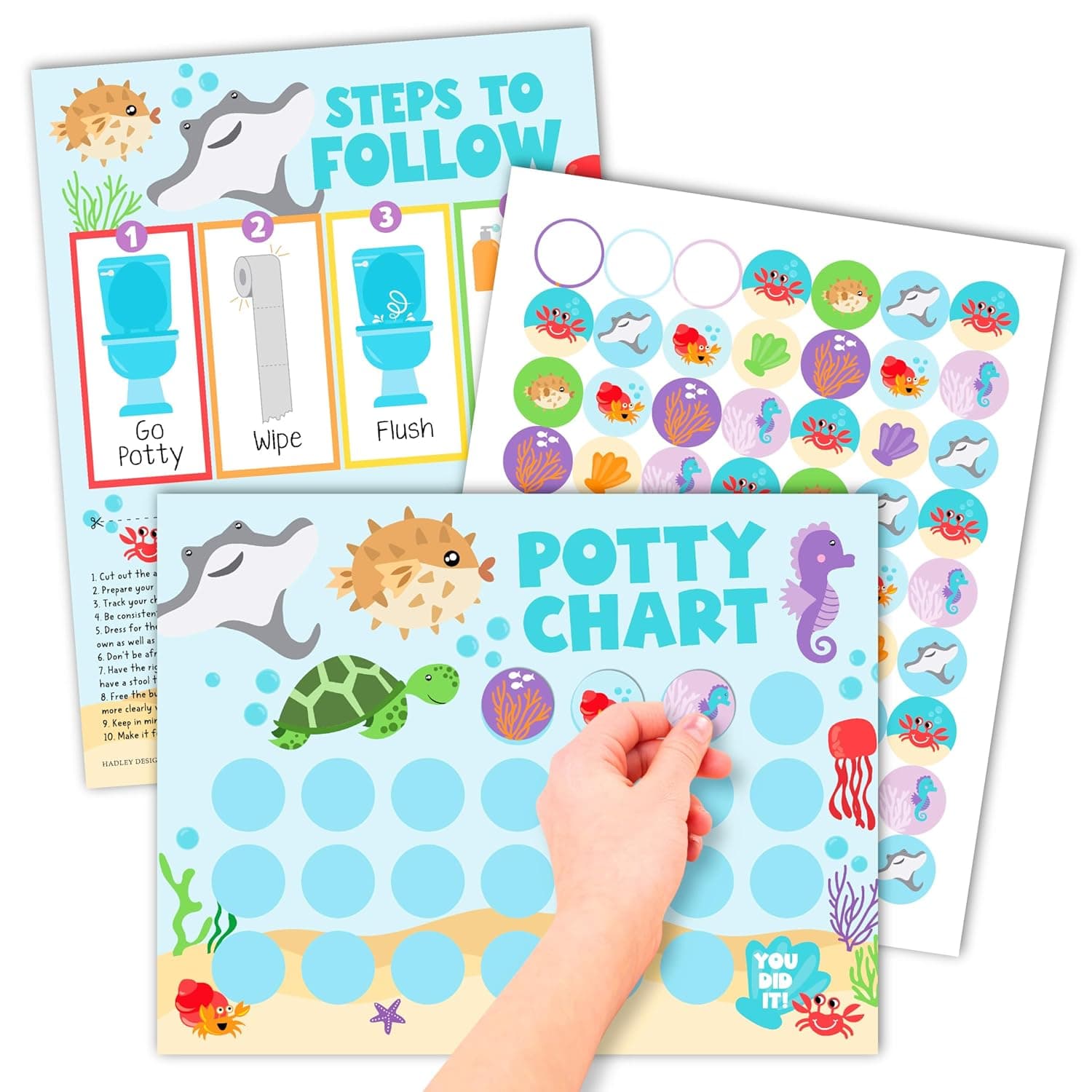 Hadley Designs Potty Training Chart for Toddlers Boys -10 Sticker Potty Chart for Toddlers Girls, 8.5x11 Potty Training Sticker Charts for Toilet Success, Under the Sea Toddler Reward Chart for Kids