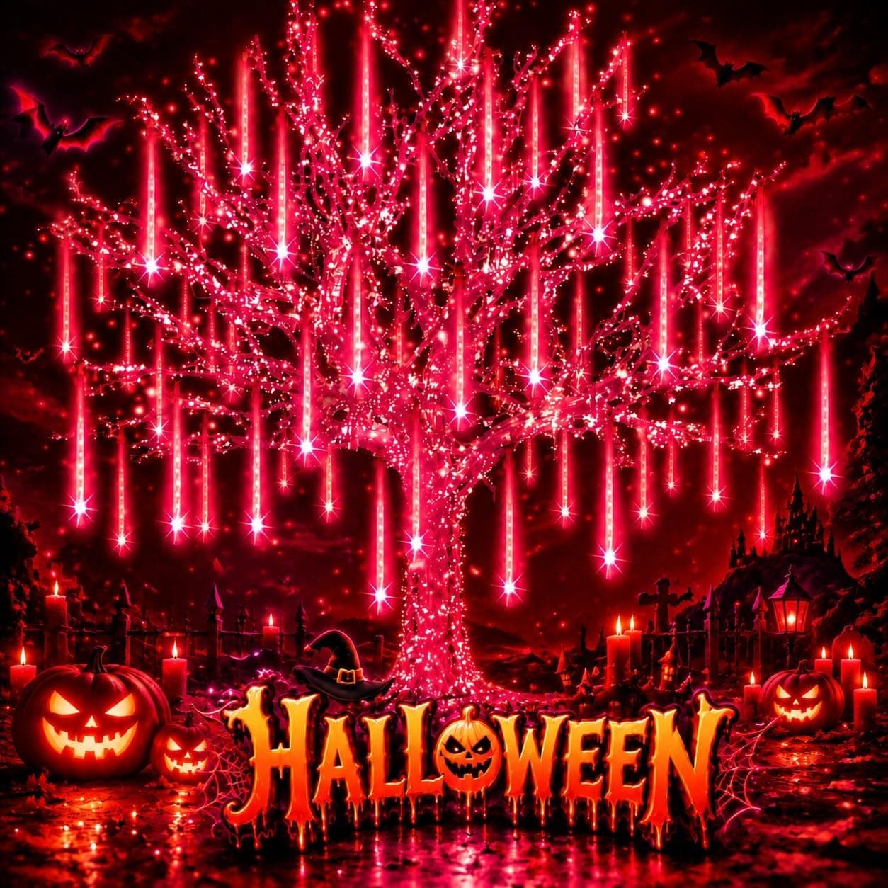 Halloween Lights Outdoor, UL Certified Red Meteor Shower String Lights