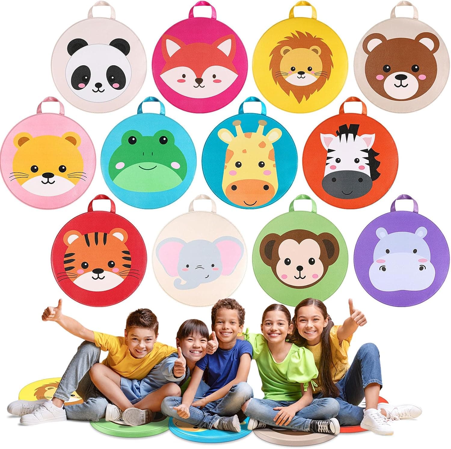 12 Pcs Cartoon Kids Floor Cushions for Classroom, Round Flexible Seating with Handle, Soft Waterproof Floor Pillow with Cute Animals Patterns for Home Daycare Preschool Kindergarten, 12 Styles
