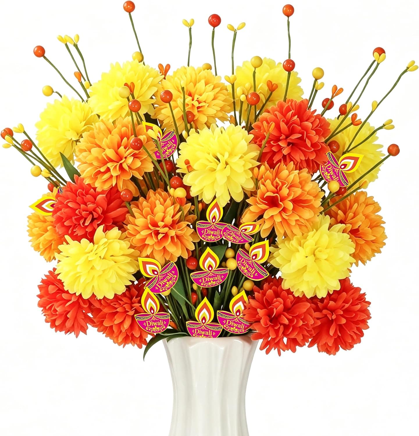 4 Pcs Diwali Table Decorations, Artificial Marigold Flower Berry Stem Picks