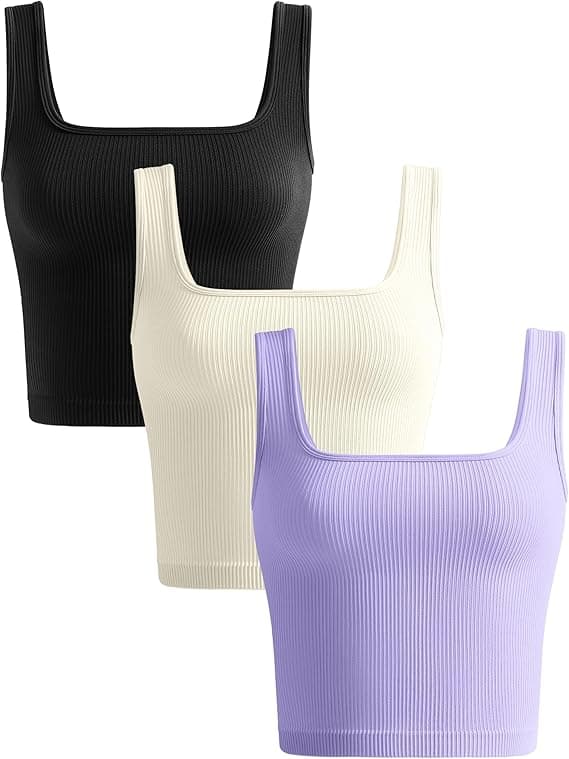 KIKIMINK Women’s 3‑Pack Seamless Ribbed Crop Tank Tops – Square Neck Workout Camis - image 1