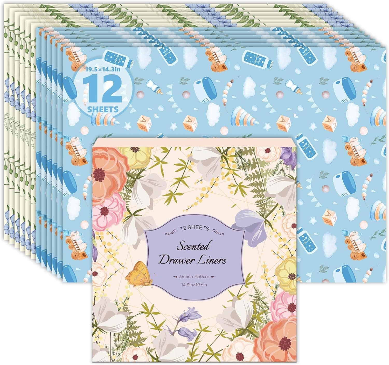 Scented Drawer Liners for Dresser,6 Linen + 6 Baby Powder Scent Drawer Paper Liners, Paper Sheets Liner 14.3x19.5 Inch, for Fragrant Home Shelf Closet Bedroom Drawer