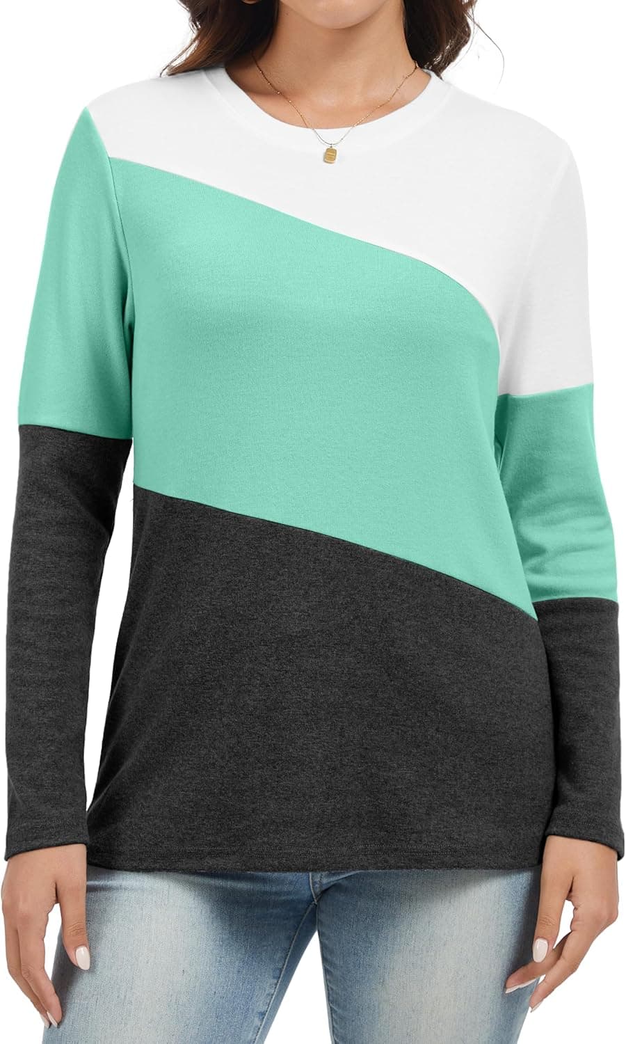 Jeqeocafy Women's Color Block Tunics Tops Crewneck Long Sleeve Shirts Casual Pullover Loose Fit T-Shirt