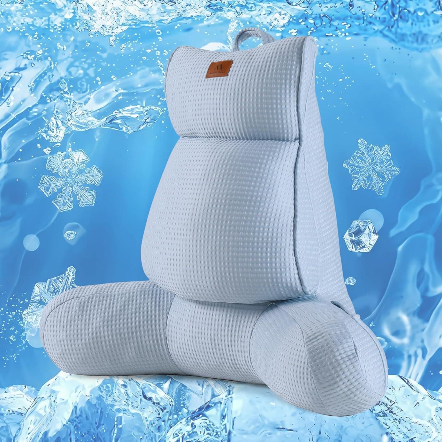 Premium Cooling Waffle Reading Pillow, Qmax>0.37 Ergonomic Backrest Support with Pocket & Handle, Breathable Lounging Pillow for Bed Sofa Floor Summer, 25 Inches, Sky Blue