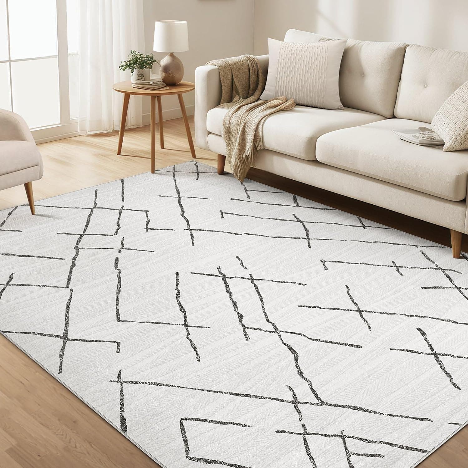 kakania 5x7 Washable Area Rug: Non Slip Soft Thin Carpet, Boho Geometric Modern Decor, Easy Clean Indoor Floor Rugs for Living Room Bedroom Kids Dorm Office Dining - Light Grey