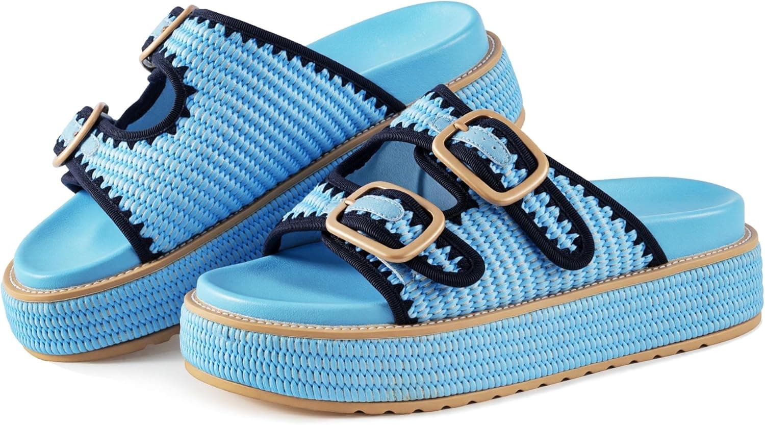 KaroNairy Platform Sandals for Women Raffia Espadrille Wedges Summer Beach Sandals Woven Straw Crochet Sandal Adjustable Double Buckle Strap Rattan Flats