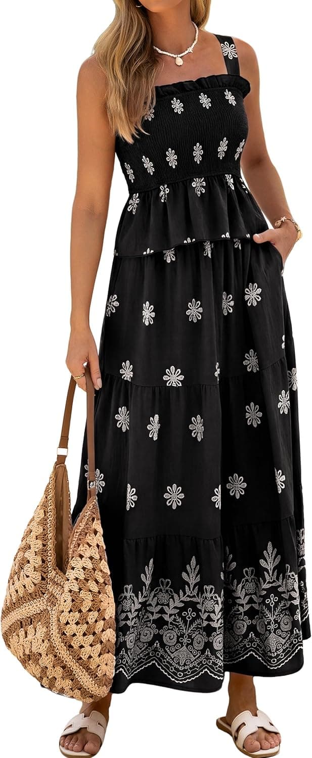Glamaker Womens 2 Piece Skirt Sets Summer Boho Floral Smocked Ruffle Hem Tank tops Maxi Skirts With Pockets Vacation Outfits
