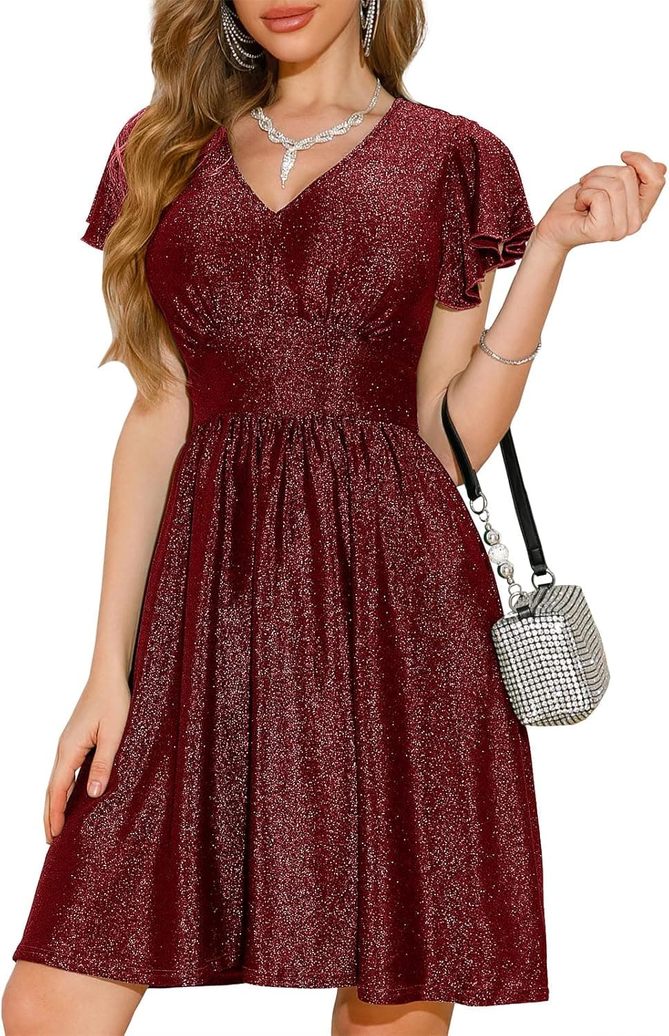 oten Womens 2025 V Neck Ruffle Sleeve Sparkly Glitter Empire Waist Flared A Line Swing Cocktail Party Dress - image 1