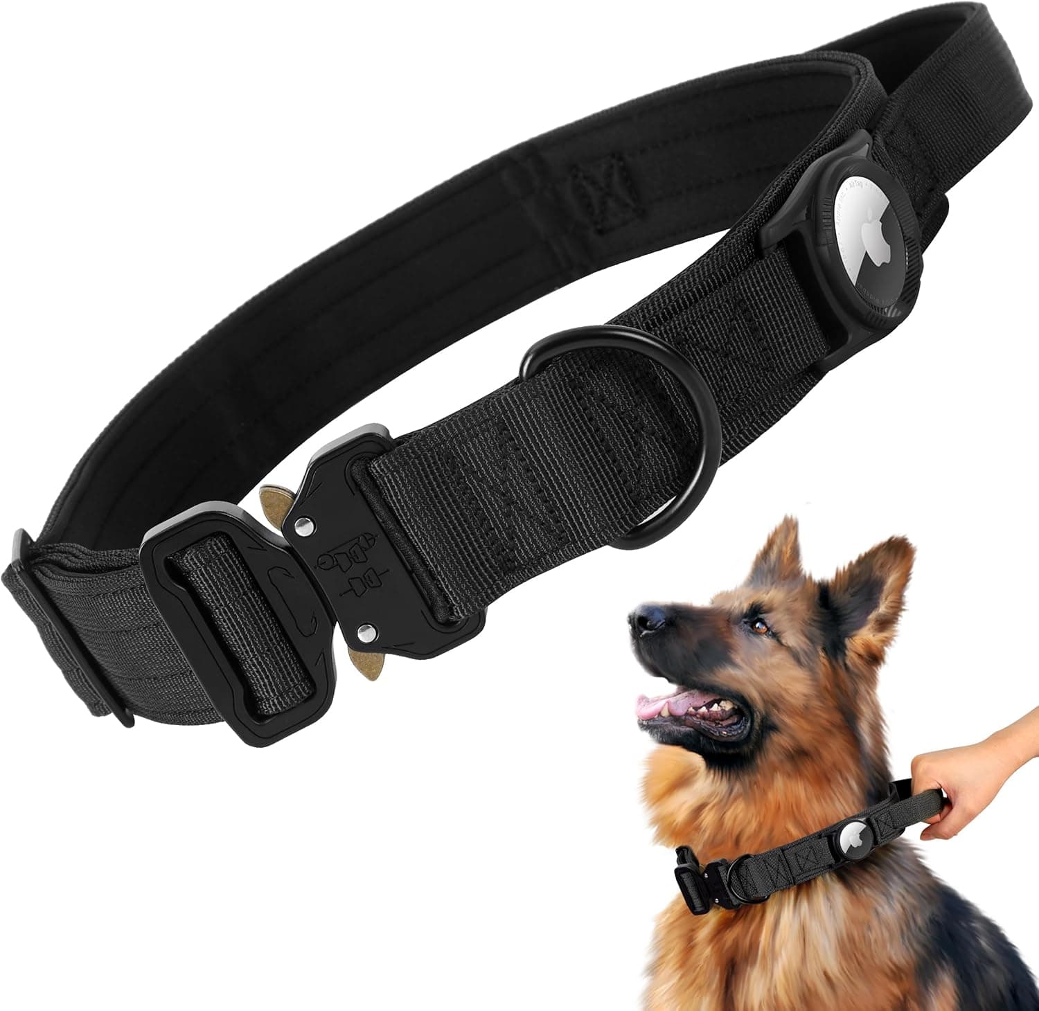 Heavy Duty Tactical Dog Collar with Airtag Holder, 1.5’’ Wide Large Dog Collar with Comfortable Handle, Durable Airtag Dog Collar for Large Dogs (Black,Neck 18-20’’) - image 1