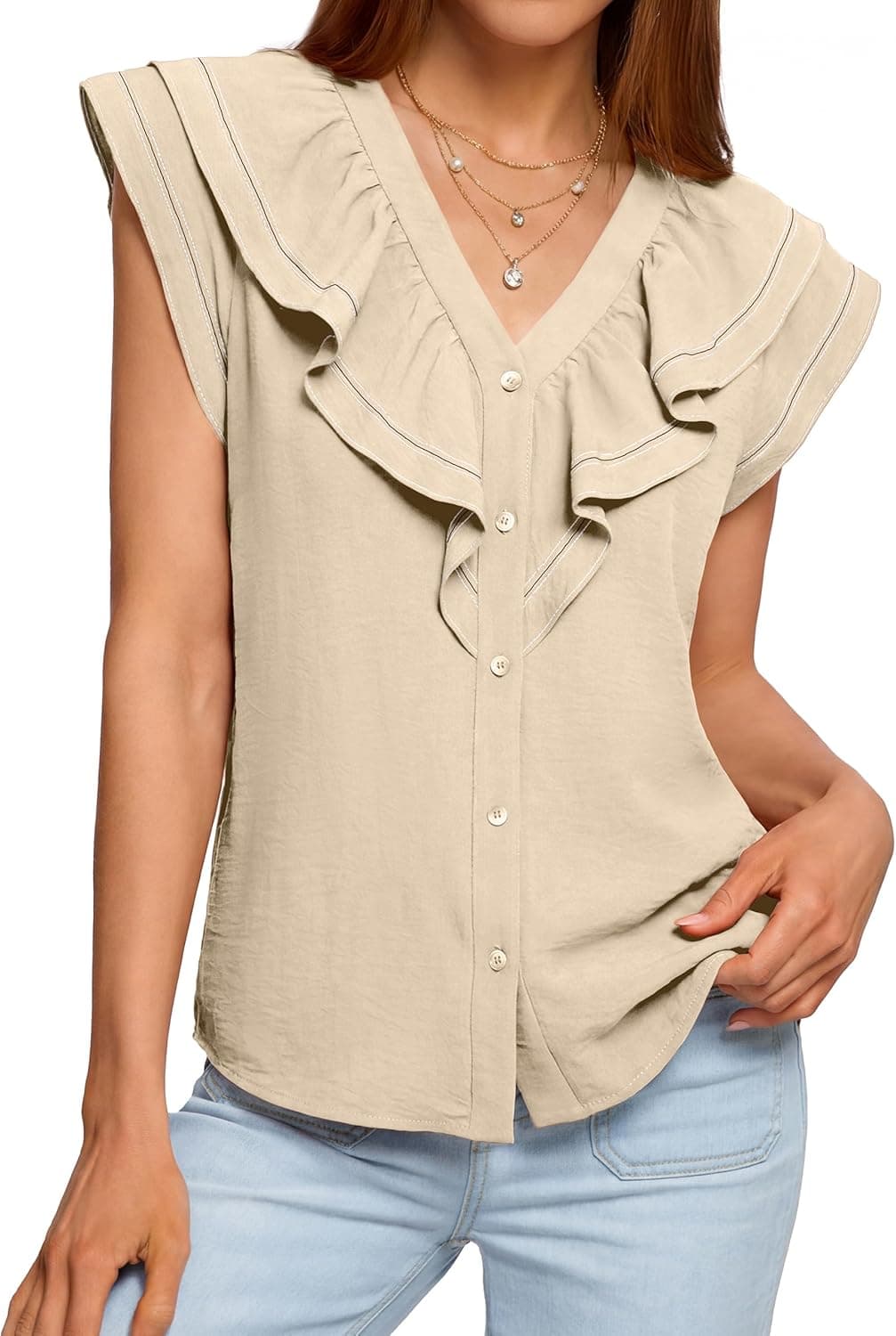 BerryGo Women's Summer Ruffle Button Down Tops Casual Dressy V Neck Blouse Trendy Fashion Cap Sleeve Shirt for Work Vacation - image 1