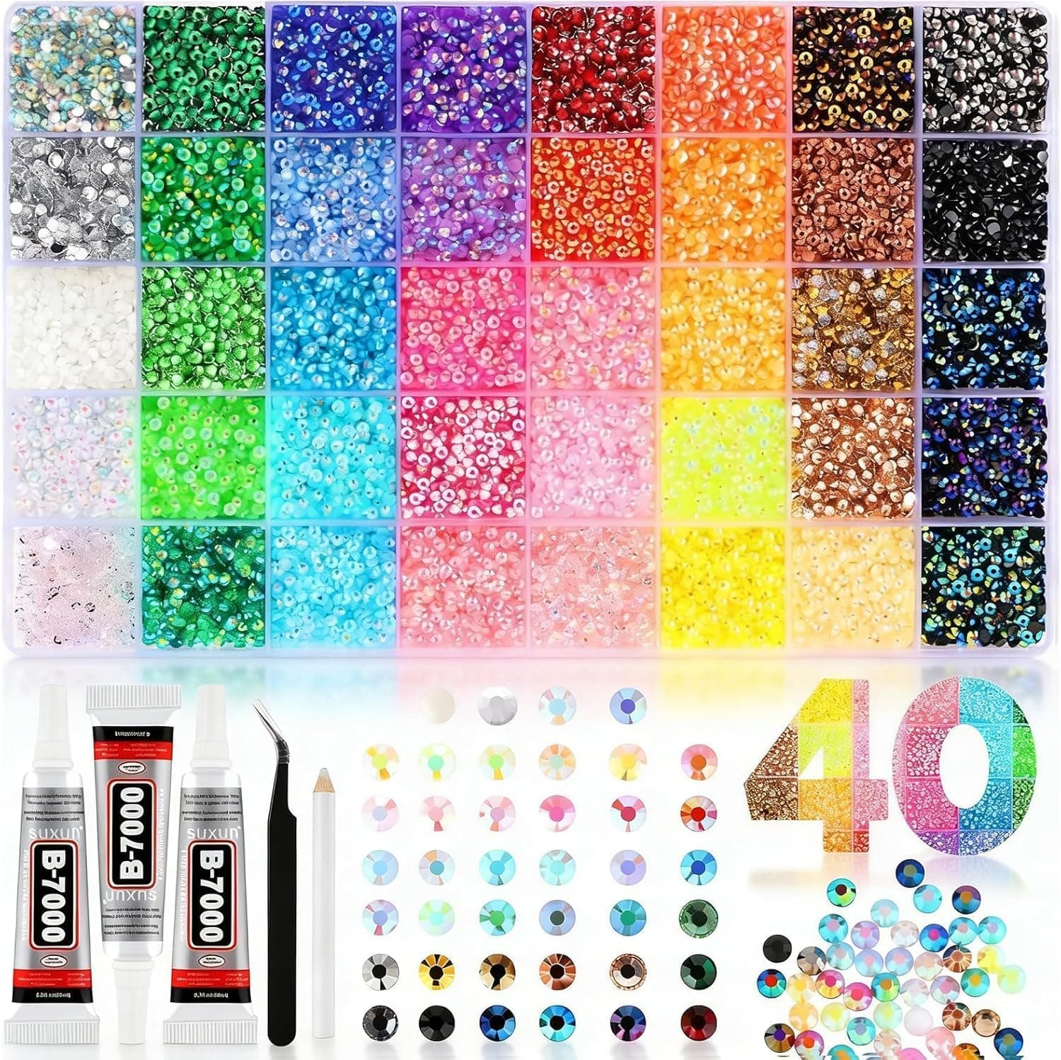 40 Color Resin Jelly Rhinestones for Bedazzling, 3mm Flatback Gems for Diamond Art, Bedazzler Kit with 3Pcs 10ml B7000 Jewelry Glue for Nail Art Crafting Book Makeup(40000Pcs)