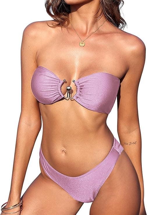 ZAFUL Womens Bandeau Bikini Set Metallic Sparkly O Ring Lace Up Tie Side High Cut Tanga Sexy Bathing Suit Swimwear - image 1