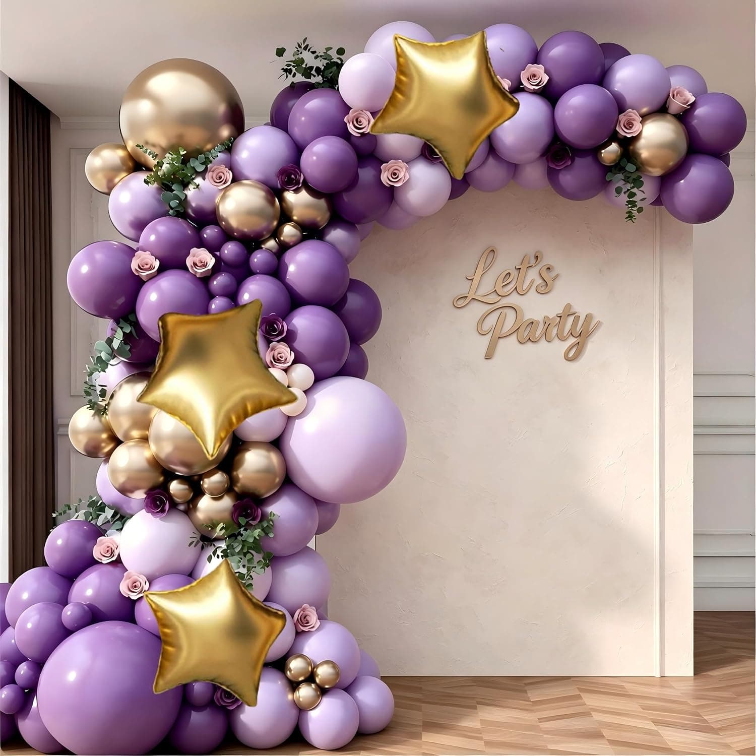Purple and Gold Balloon Garland Arch Kit, Purple Light Purple Metallic Gold Balloons with Gold Star Foil Balloons for Lavender Butterfly Birthday Wedding Baby Shower Anniversary Party Decorations