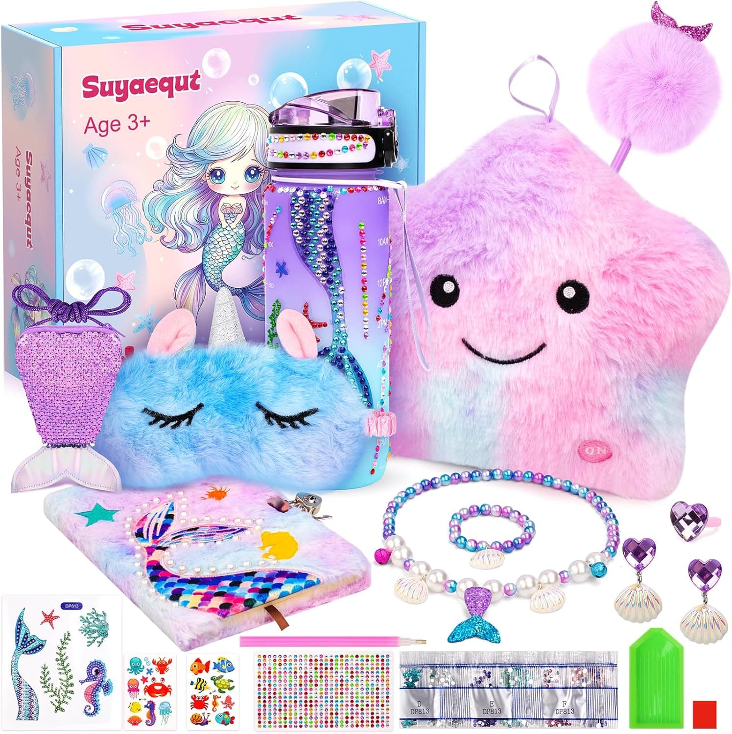 Mermaid Toys Gifts for Girls Age 4-6 7 8 9 10, Kindergarten Graduation Gifts for Girls, Birthday Gifts Set with Locked Diary, Kids Purse, Plush Light Up Star Pillow, DIY Water Bottle Kits