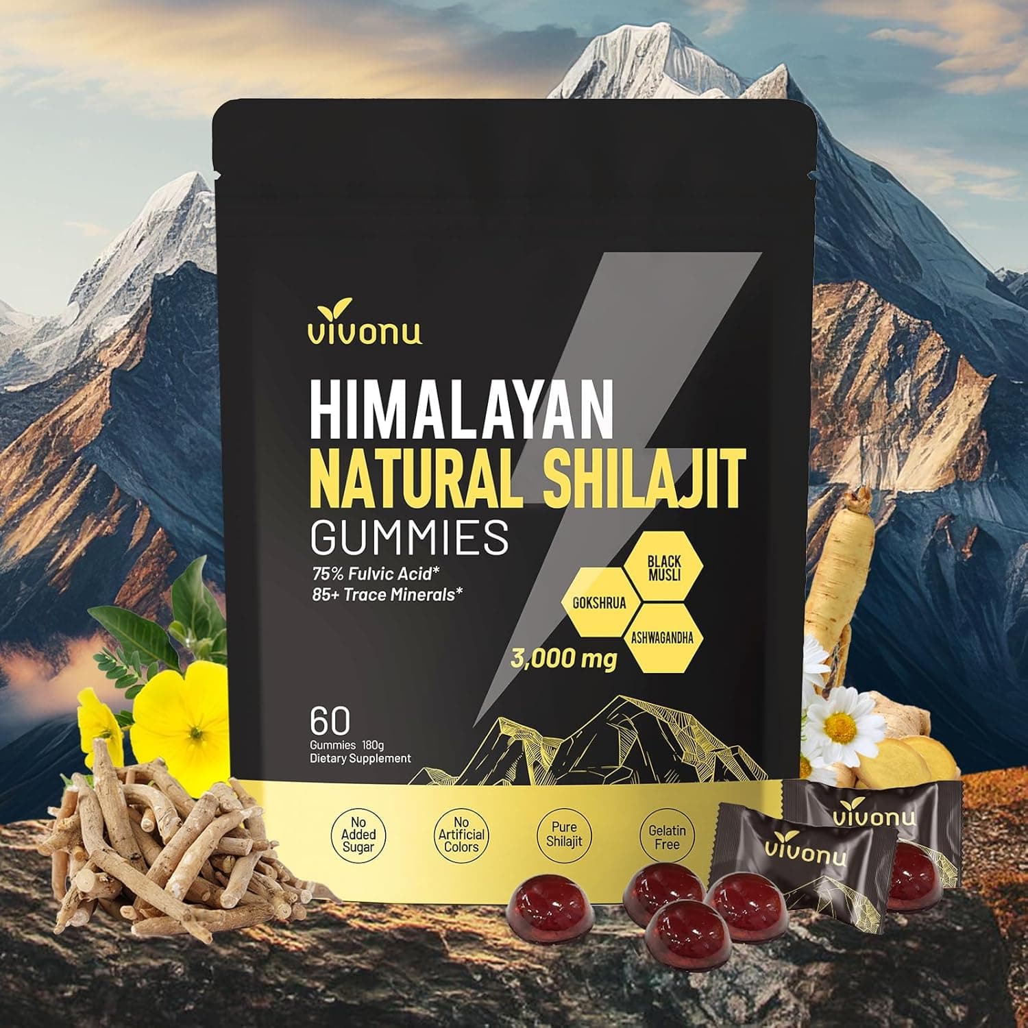 Pure Himalayan* Shilajit* Gummies, micronutrient Supplement, Himalayan Premium Ingredient with Shilajit, Ashwagandha, Gokshura, Fulvic Acid & 85+ Trace Minerals I for Men, Women (60 Gummies/1 Bag)