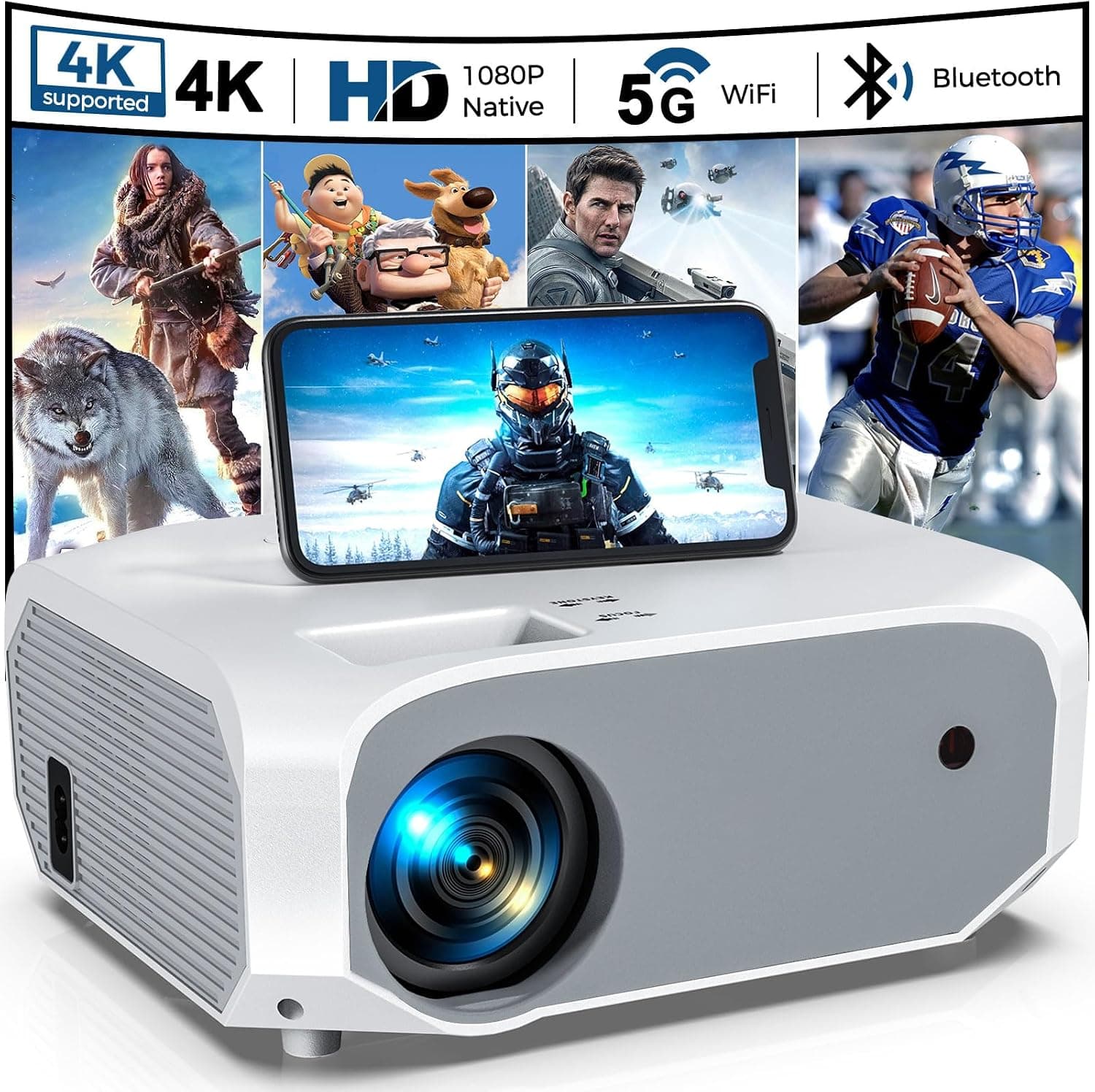 Projector with 5G WiFi and Bluetooth Native 1080P 4K Support, Outdoor Movie Projector, Portable Home Theater Projector for iOS/Android/TV Stick/Laptop/HDMI/USB