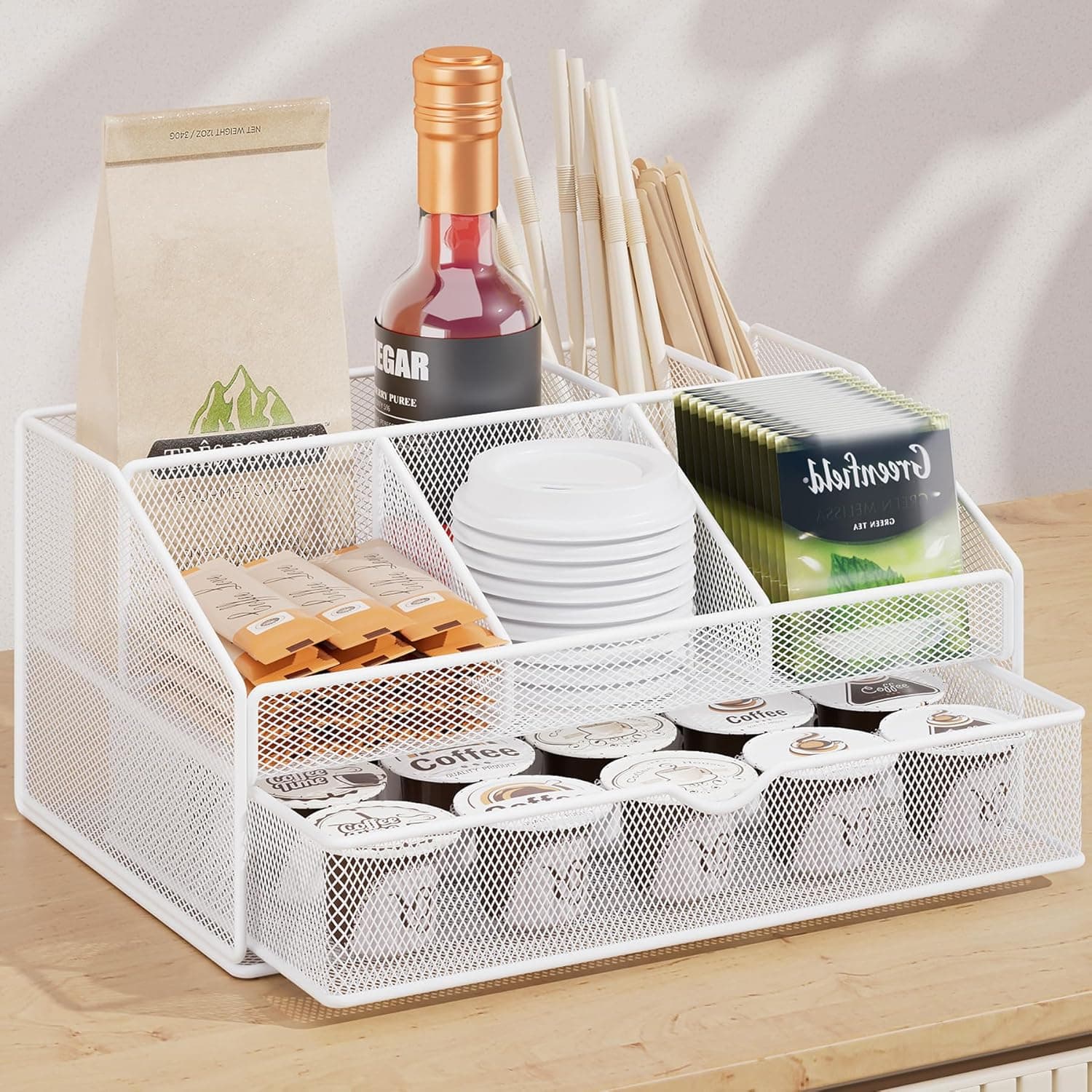 Coffee Station Organizer for Countertop, Metal Coffee Bar Organizer Basket with Drawer, 6 Compartments Bar Station Holder for Pods Tea Bag, White - image 1