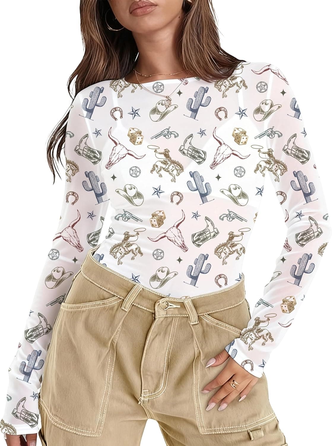 Mesh Long Sleeve Shirts for Women See Through Graphic Tees Sexy Costumes Y2k Christmas Party Outfits Western Rodeo Tops